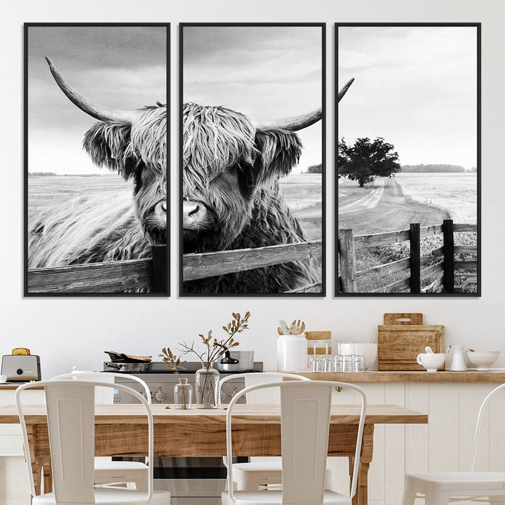Scottish Highland Cow Wall Art | Rustic Farmhouse Décor | Black and White Ready to Hang Canvas Print
