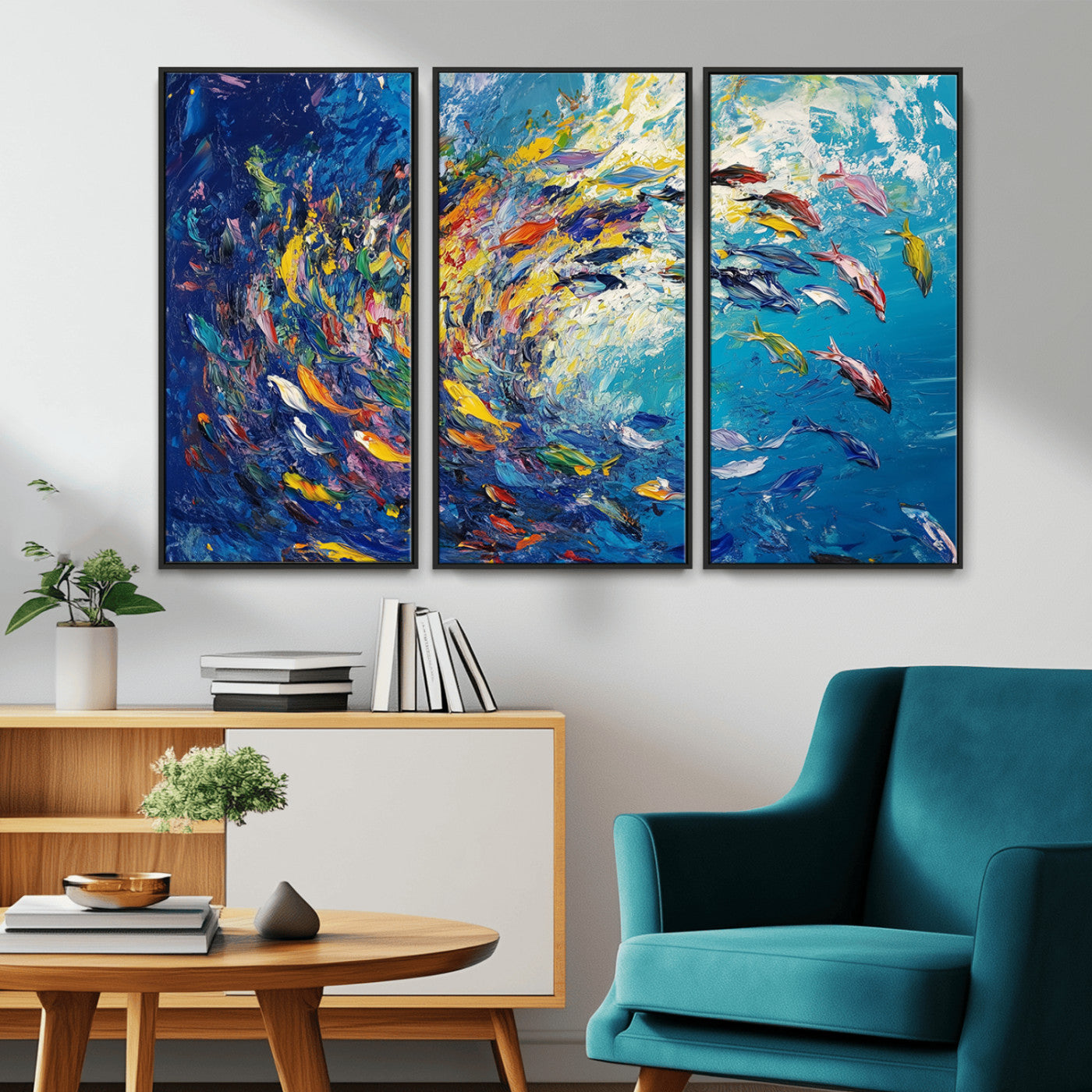 MGV-FC-48X32-3P - Colorful Swirling Fish School Wall Art Canvas Print | Oceanic Abstract Painting | Ready to Hang |