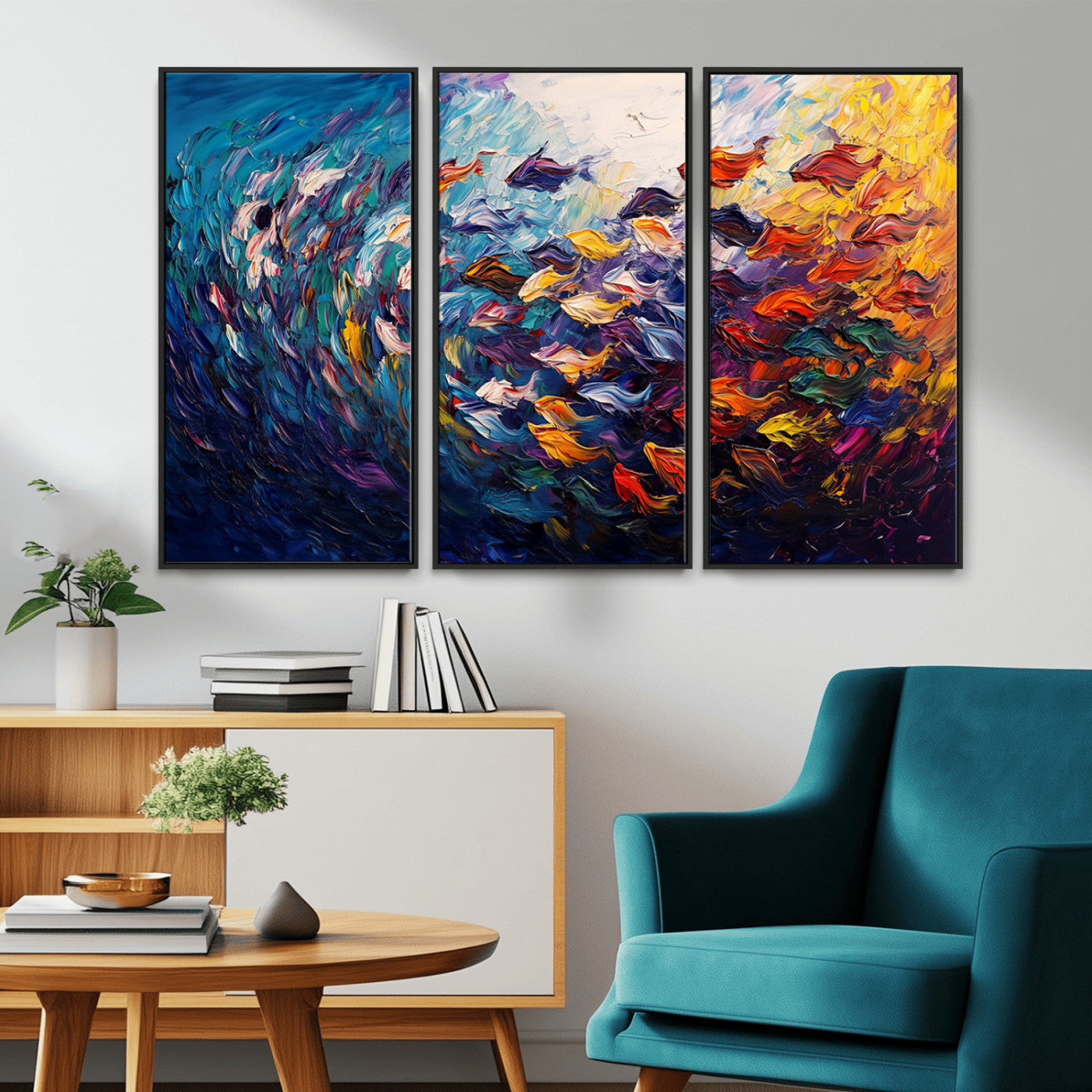 MGV-FC-48X32-3P - Vibrant Abstract Fish Swarm Art – Colorful Fish Inspired 3-Piece Canvas Wall Art for Living Room or