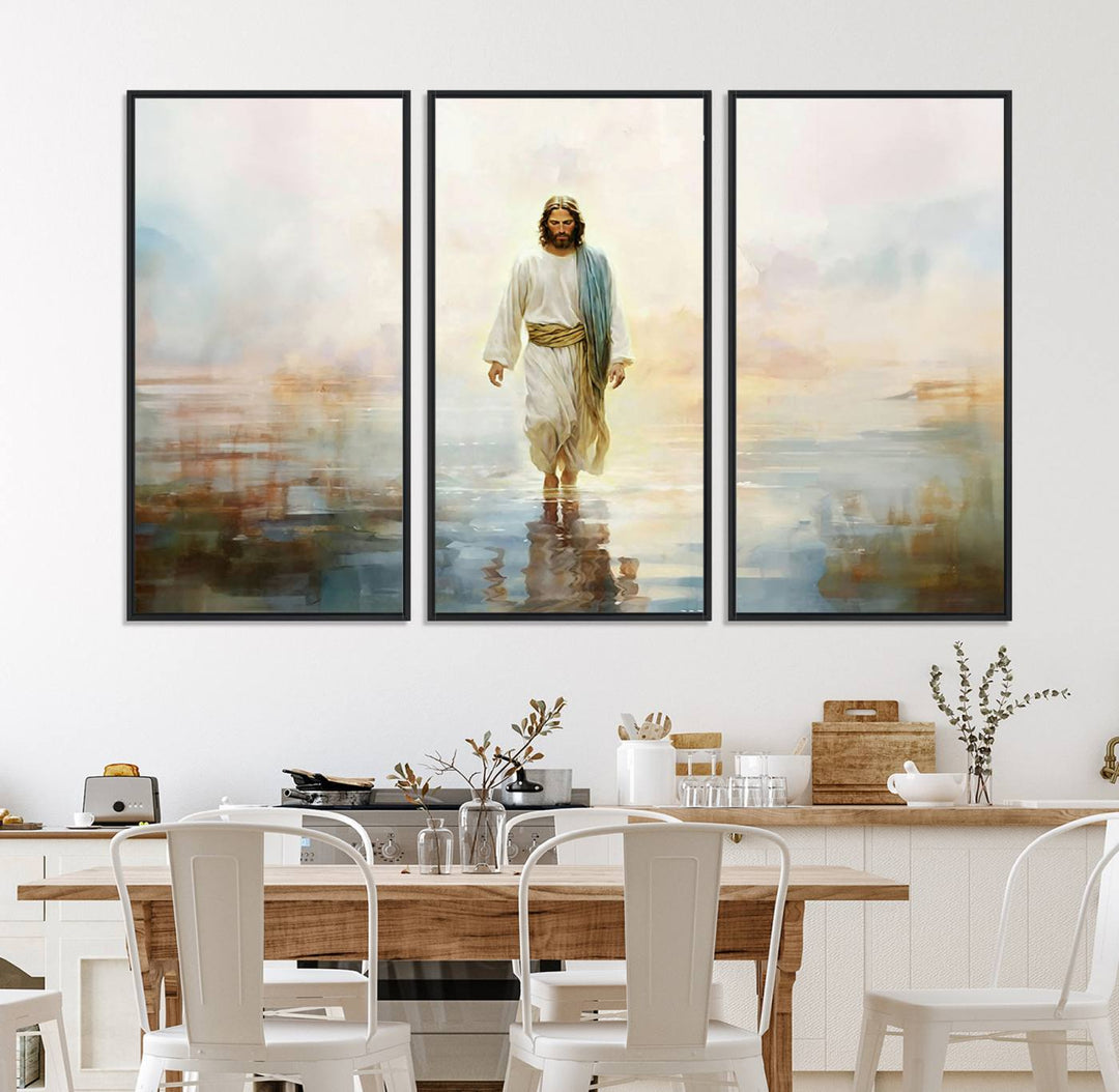 The 3-panel Framed Jesus Walking on Water Wall Art showcases a serene religious scene.