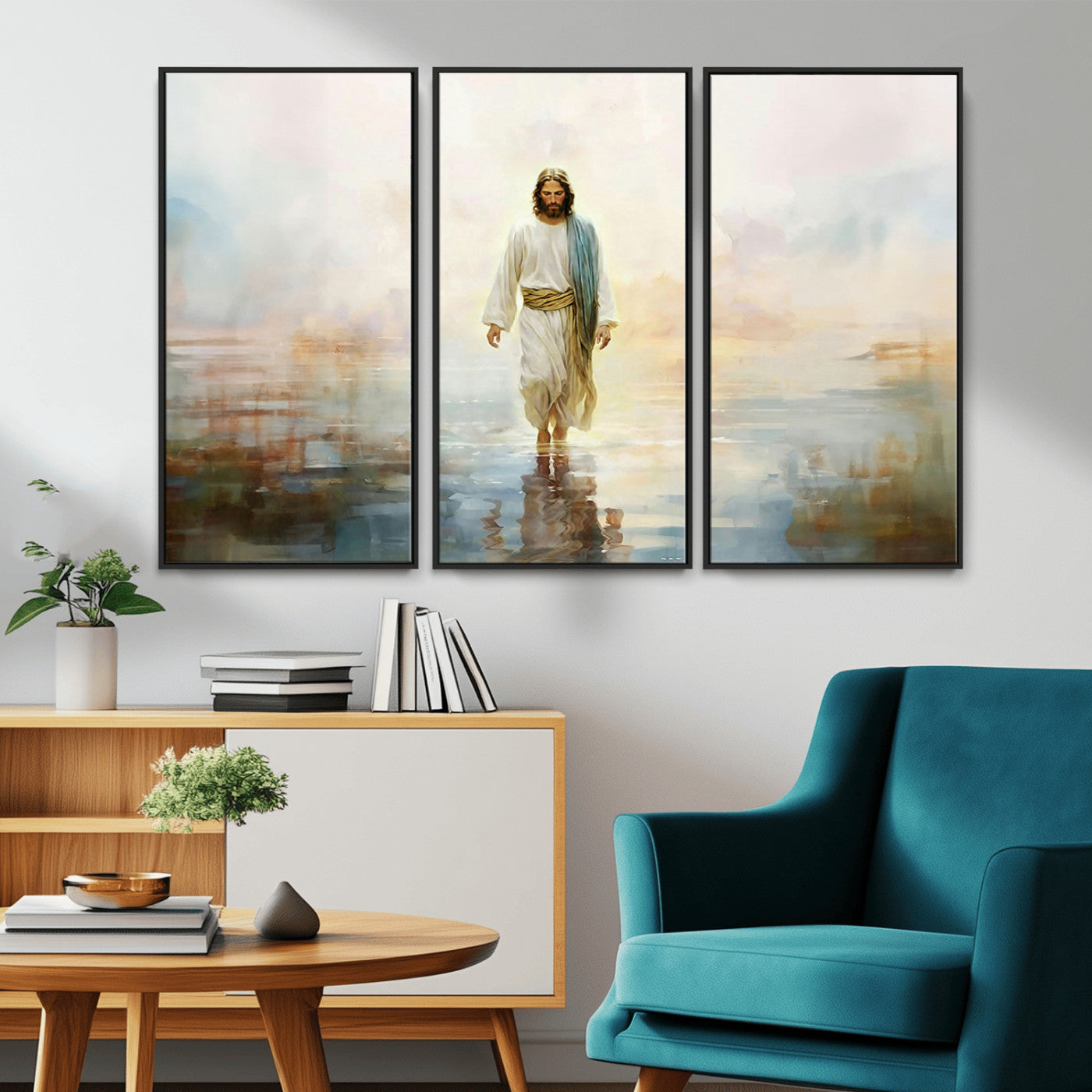 MGV-FC-48X32-3P - Framed Jesus Walking on Water Wall Art - 3-Panel Christian Canvas Prints, Religious Artwork for