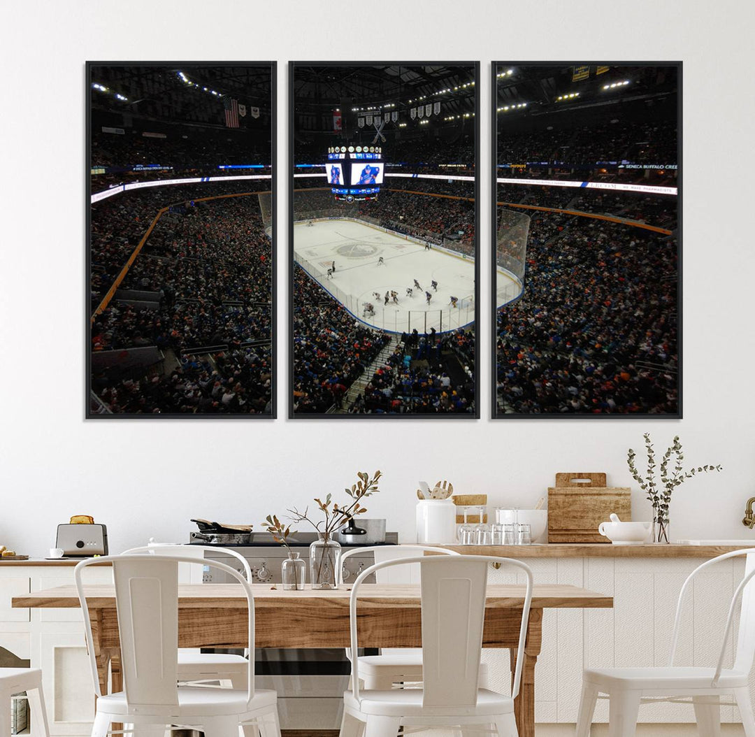 The wall art captures the essence of a Buffalo Sabres game on ice at KeyBank Center, making it deserving of a premium canvas print.