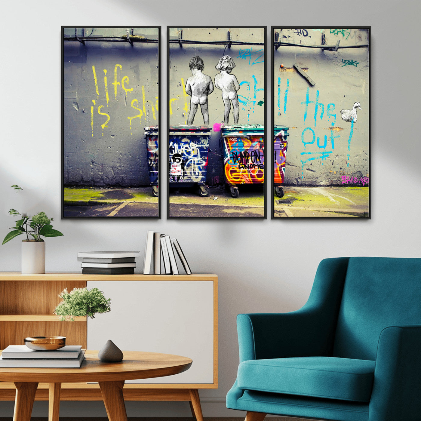 MGV-FC-48X32-3P - Banksy Life is Short Wall Art - Iconic Graffiti Art on Framed Ready-to-Hang Canvas - Street Art