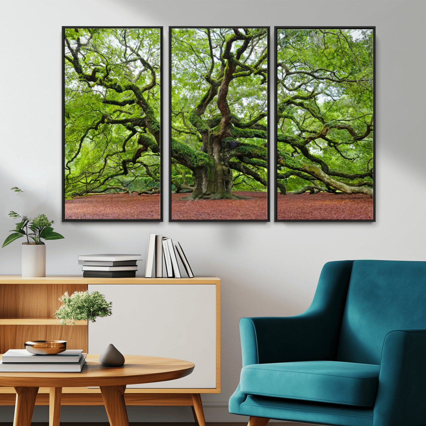 MGV-FC-48X32-3P - Framed Angel Oak Tree Wall Art - 3-Panel Canvas Prints, Large Green Nature Artwork, Ready to Hang