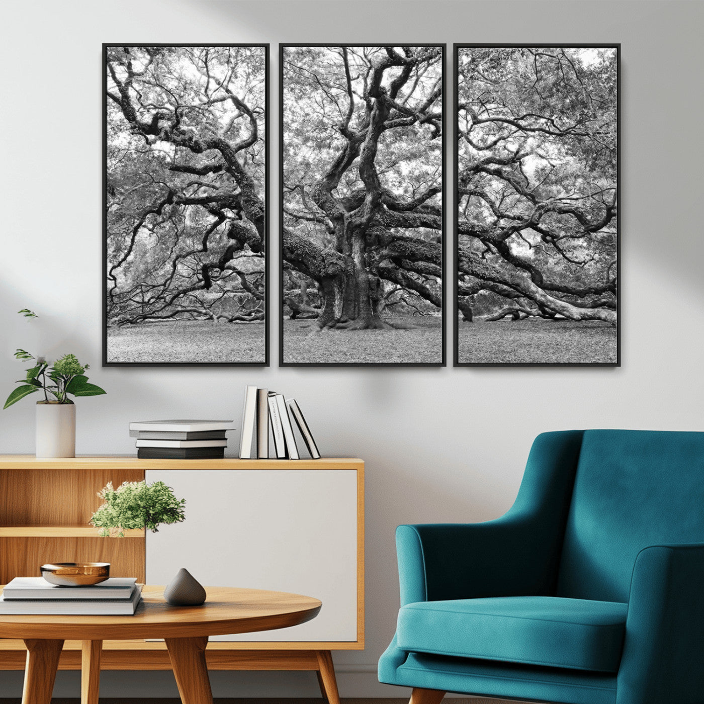 MGV-FC-48X32-3P - Black White Angel Oak Tree Wall Art - Timeless Nature-Inspired Canvas for Rustic, Modern, or