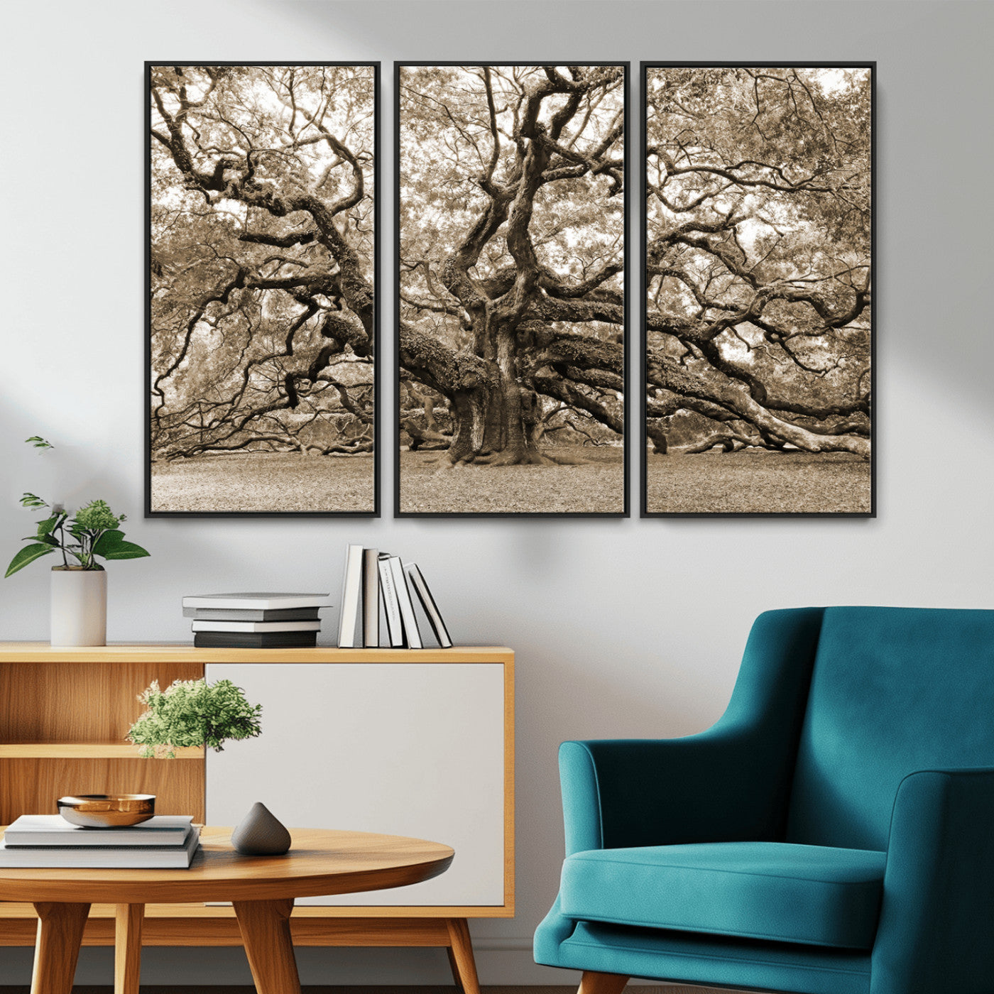 51126-MGV-CV-36X24-Sepia Framed Angel Oak Tree Wall Art - 3-Panel Canvas Prints, Large Green Nature Artwork, Ready to