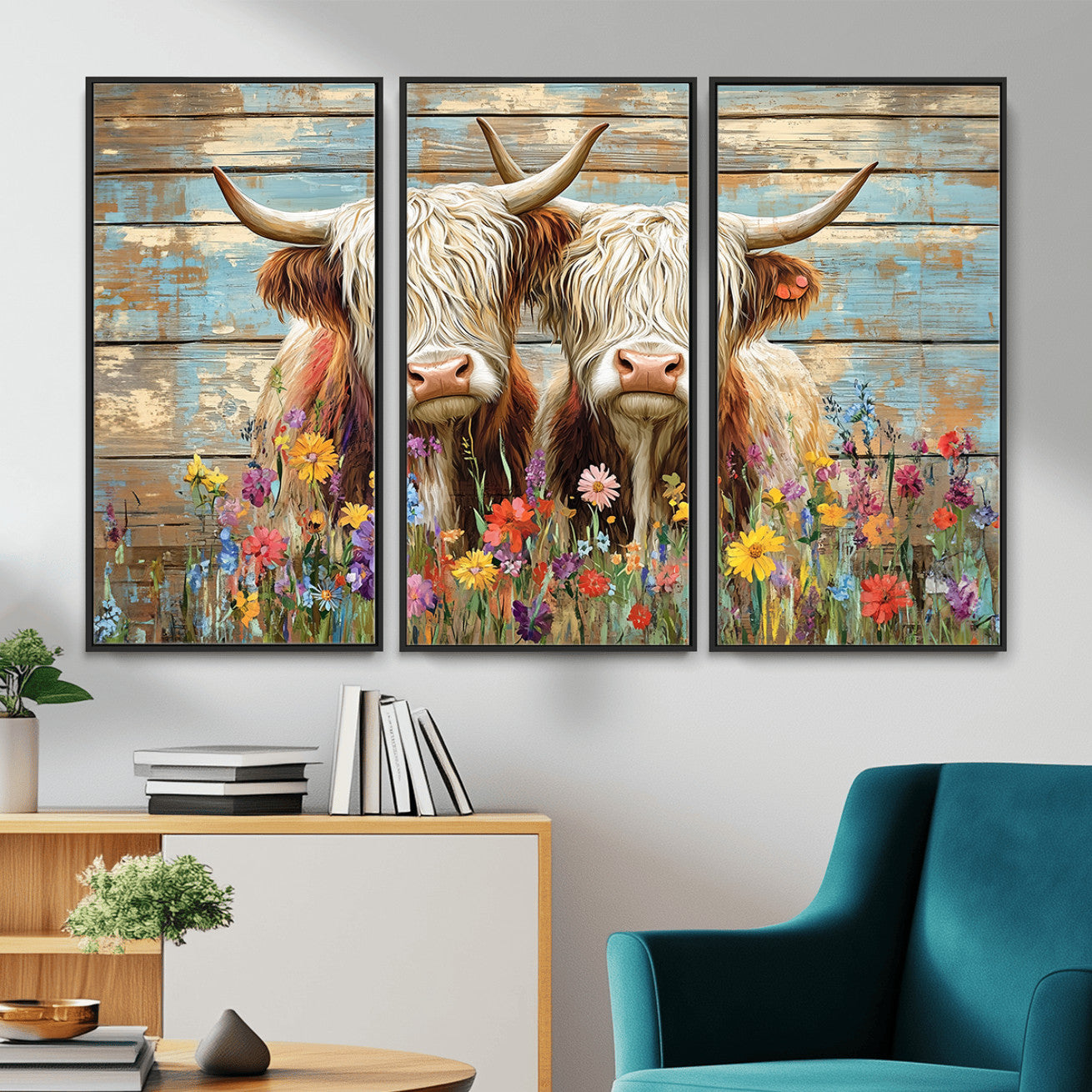 36972-MGV-CV-36X24 - Cute Highland Cow Canvas Wall Art - Rustic Farmhouse Decor with Colorful Flowers Perfect Wall Art