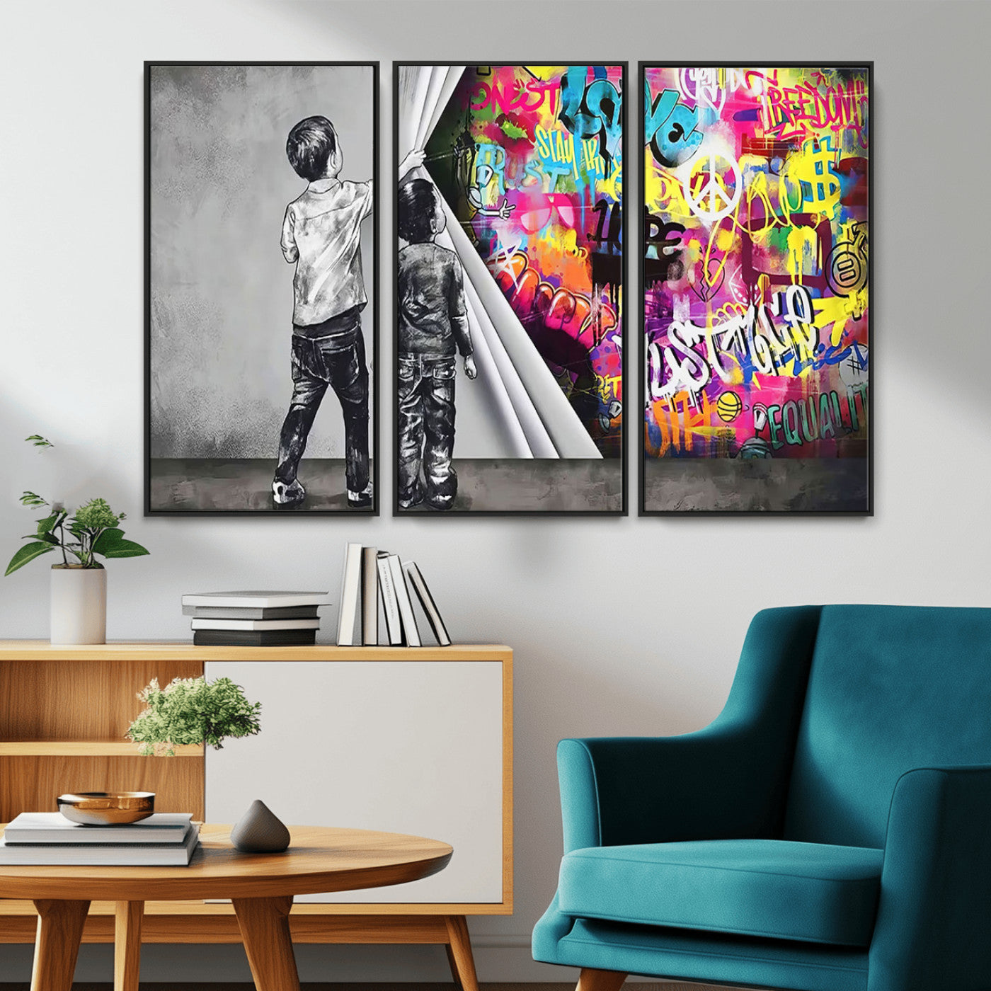 MGV-FC-48X32-3P - Banksy Print - Street Art Canvas Wall Art - Kids Revealing Graffiti, Urban Modern Decor for Living