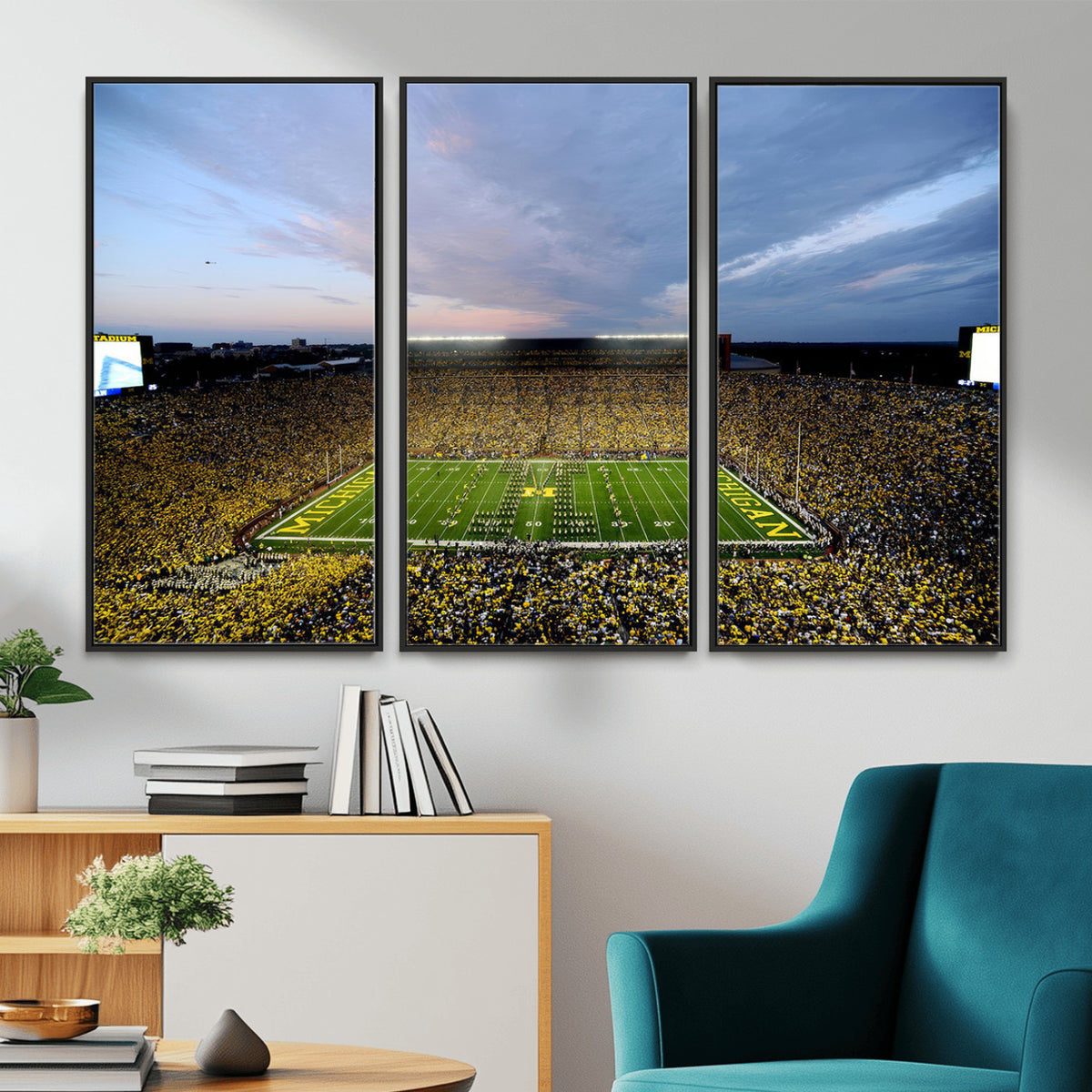 82641-MGV-CV-36X24 - Michigan Stadium Wall Art Canvas Print – Framed Football Field Scene with Marching Band Artwork for Home, Office