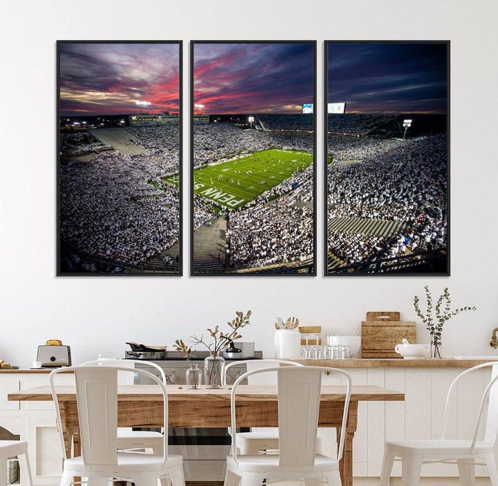 A sunset print on a canvas wall art piece captures the scene of white-clad fans at Beaver Stadium for the Nittany Lions game.