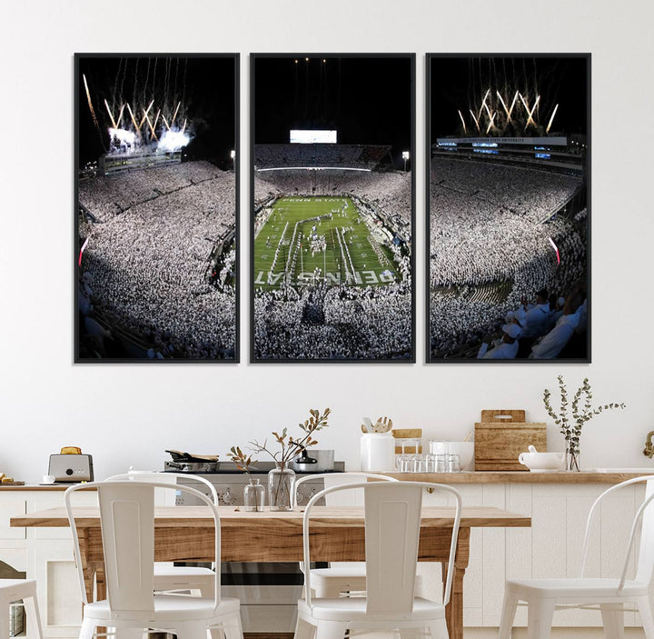 Wide-angle print of a packed stadium with fireworks, ideal gallery-quality wall art - Penn State Nittany Lions Canvas.