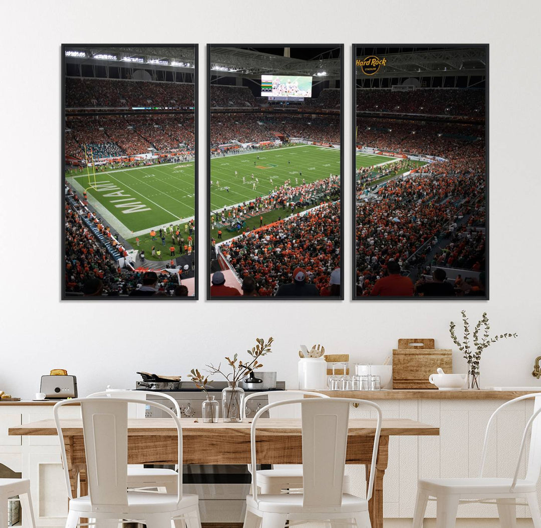 Aerial view of a Miami Hurricanes game at Hard Rock Stadium captured on canvas print, showcasing the teams on the field and fans in the stands.