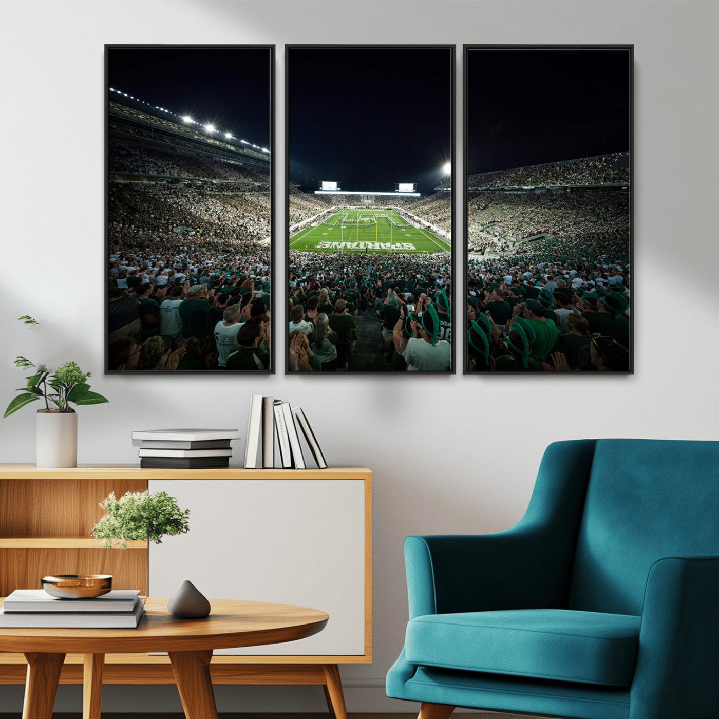 MGV-FC-48X32-3P - Framed Michigan State Spartans Football Team Print - East Lansing Spartan Stadium Wall Art Canvas