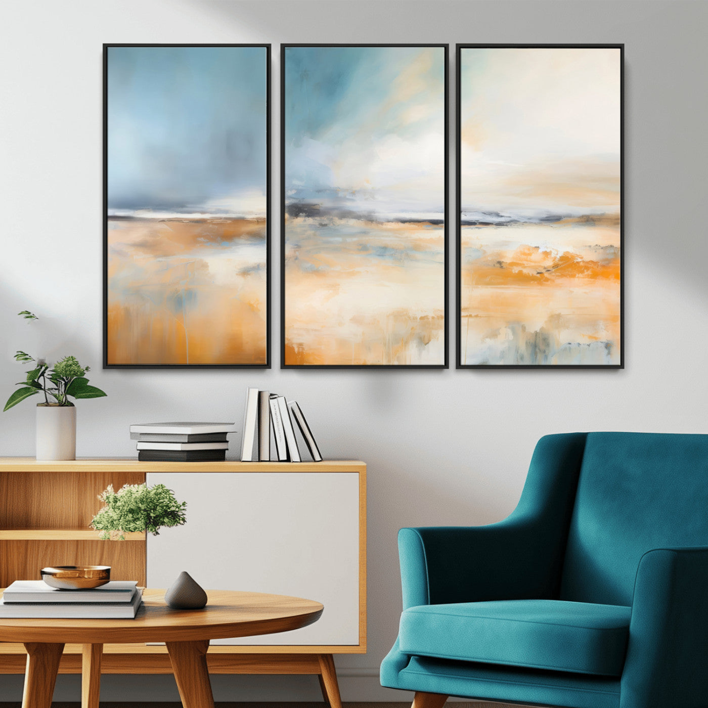-Abstract Landscape Wall Art Canvas Print - Warm Tones of Orange and Blue, Modern Framed Art for Home