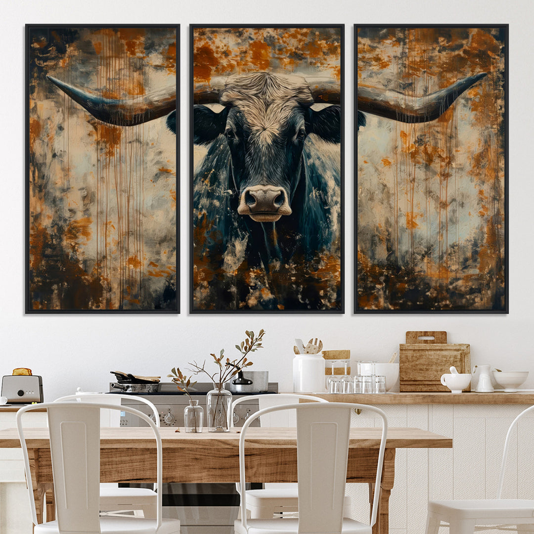 Abstract Longhorn Bull Wall Art | Rustic Western Wall Decor | Framed and Ready to Hang | Ideal for Farmhouse, Lodge, and Barn Decor