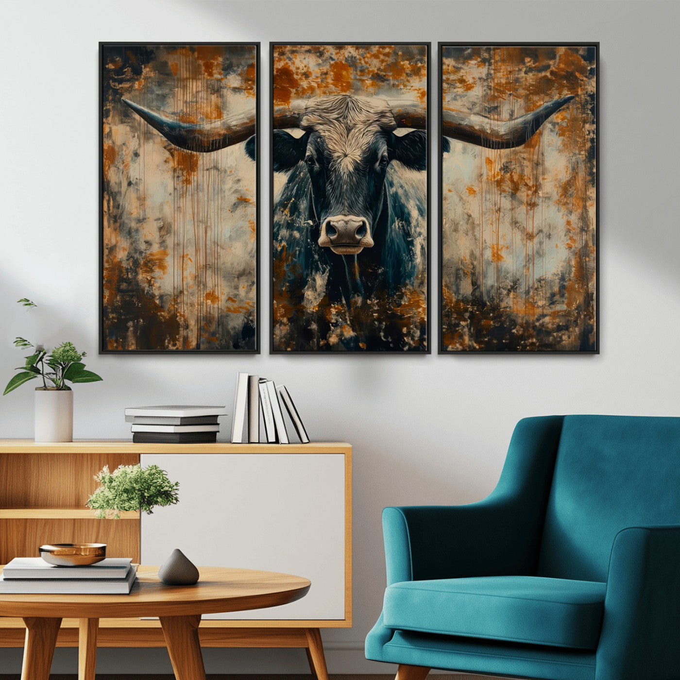 MGV-FC-48X32-3P - Abstract Longhorn Bull Wall Art | Rustic Western Wall Decor | Framed and Ready to Hang | Ideal for