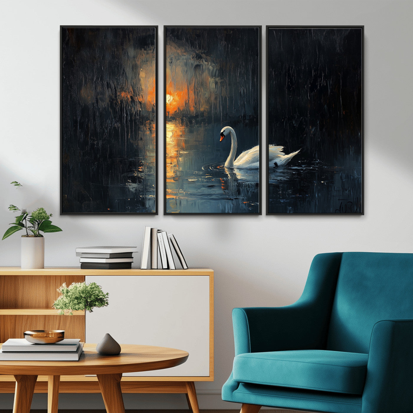 MGV-FC-48X32-3P - Abstract Swan on Water Wall Art Canvas Print - Elegant Nature Scene for Modern Home Decor