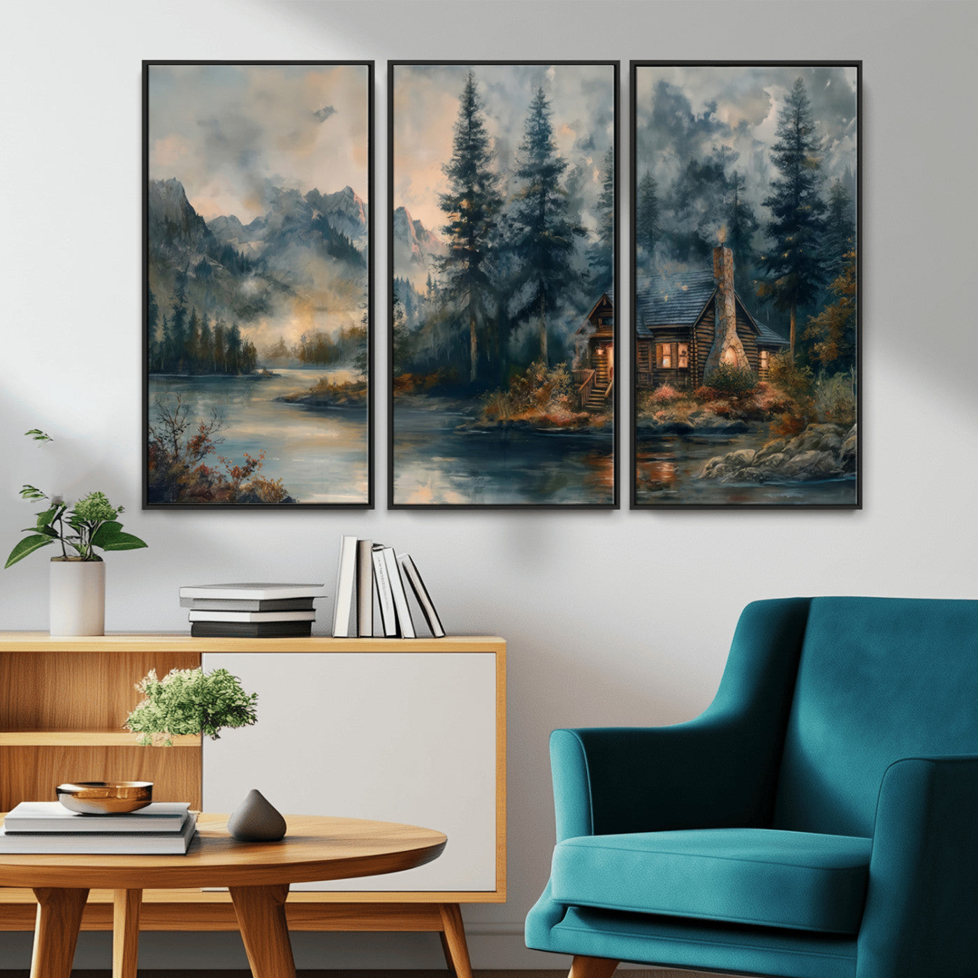MGV-FC-48X32-3P - Rustic Cabin Woods Wall Art Print | Lake in a Forest Canvas Print | Cabin, Lodge, and Farmhouse