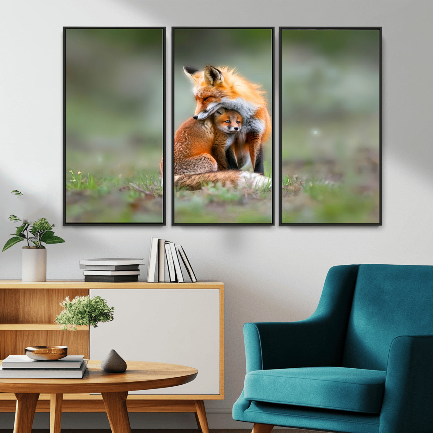 MGV-FC-48X32-3P - Heartwarming Fox and Baby Cub Wall Art | Ready to Hang Canvas Print of Foxes in Nature | Perfect for