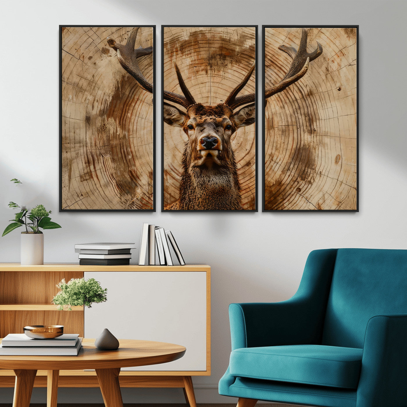 MGV-FC-48X32-3P - Wood Abstract Deer Wall Art | Rustic Wildlife Canvas Print | Ready to Hang Stag Head Triptych for