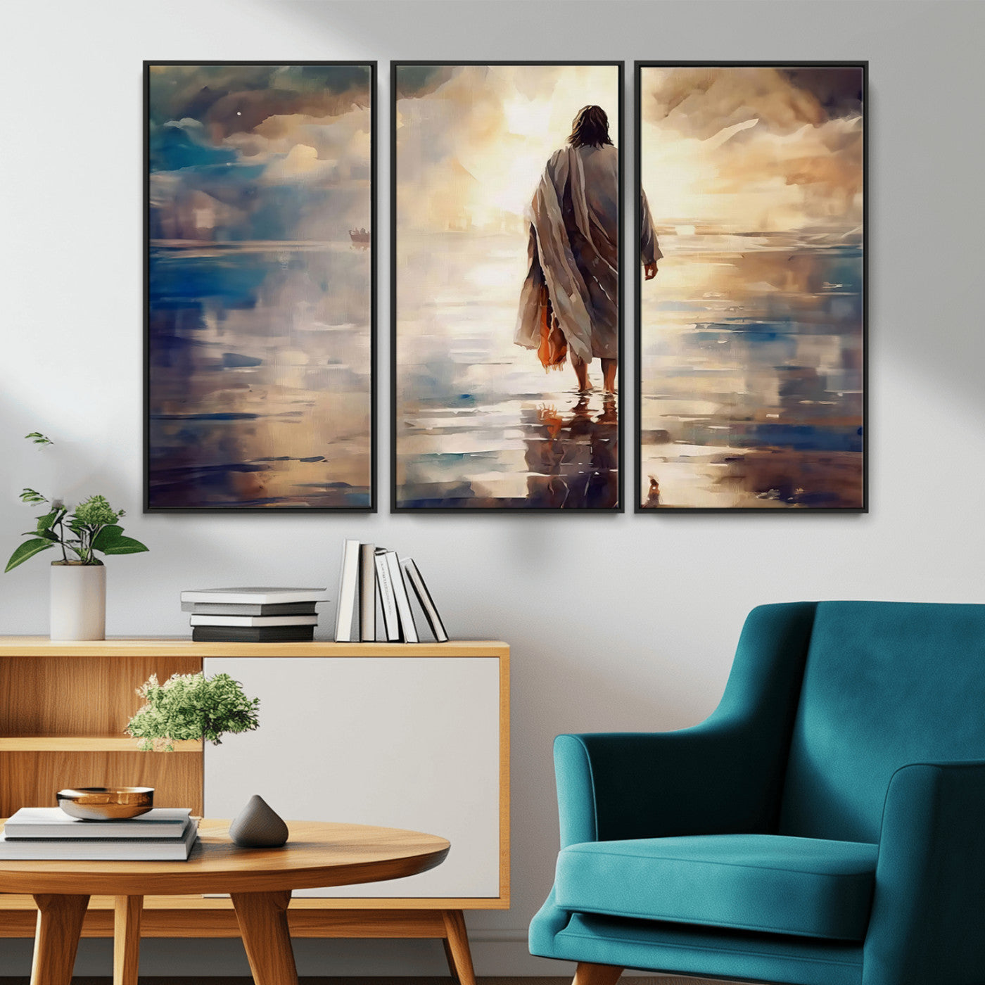 MGV-FC-48X32-3P - Jesus Walking on Water Wall Art | Ready to Hang Spiritual Triptych Canvas Print | Inspirational