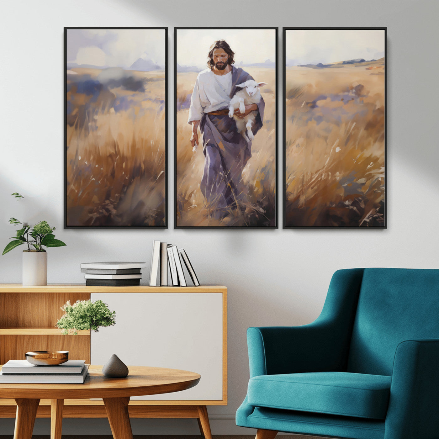 MGV-FC-48X32-3P - Jesus the Good Shepherd Wall Art Canvas Print - Lost Lamb Print for Prayer Room Decor