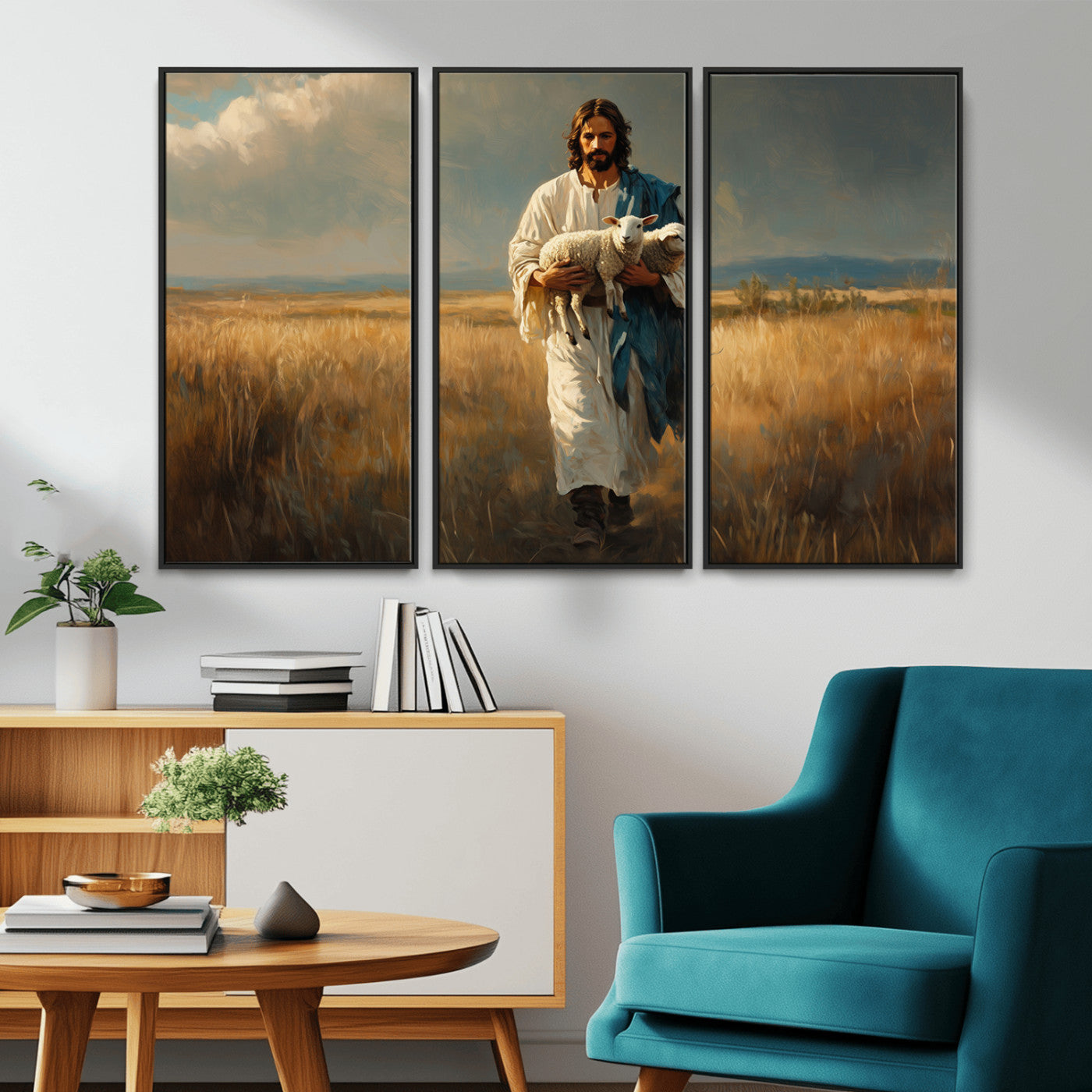 MGV-FC-48X32-3P - Jesus Shepherd Wall Art | Ready to Hang Triptych Canvas of Jesus Holding a Lamb in a Field |