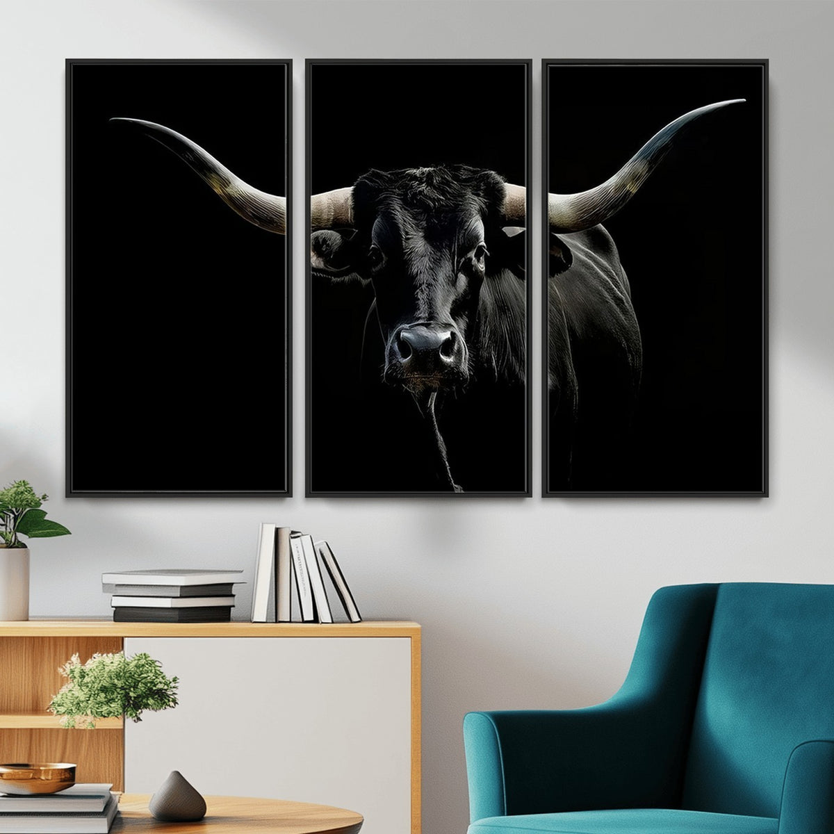 20679-MGV-CV-24X16 - Texas Black Longhorn Bull Wall Art Canvas Print, Western Cattle Rustic Decor