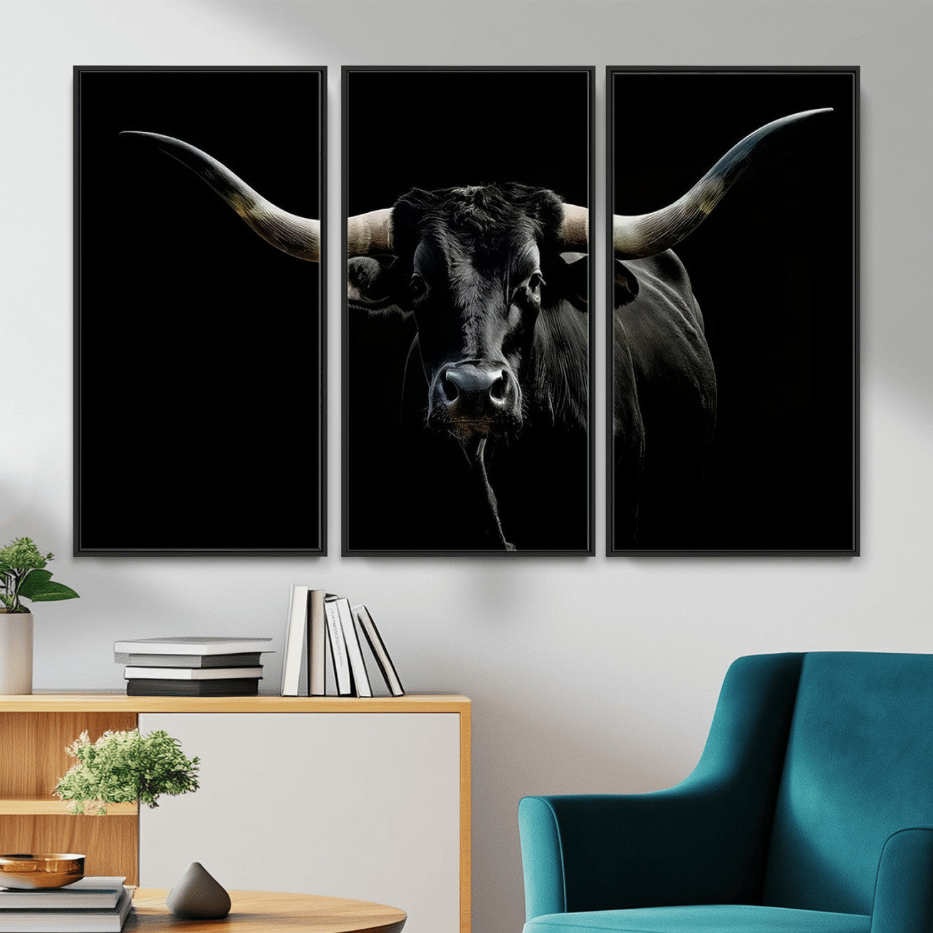 20679-MGV-CV-36X24 - Texas Black Longhorn Bull Wall Art Canvas Print - Western Texas Cattle Rustic Decor Print - Longhorn