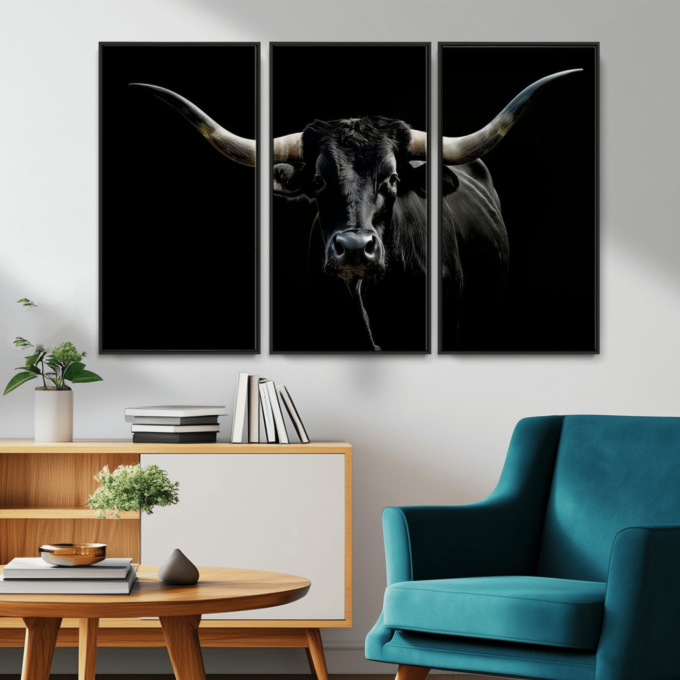 MGV-FC-48X32-3P - Texas Black Longhorn Bull Wall Art Canvas Print - Western Texas Cattle Rustic Decor Print - Longhorn