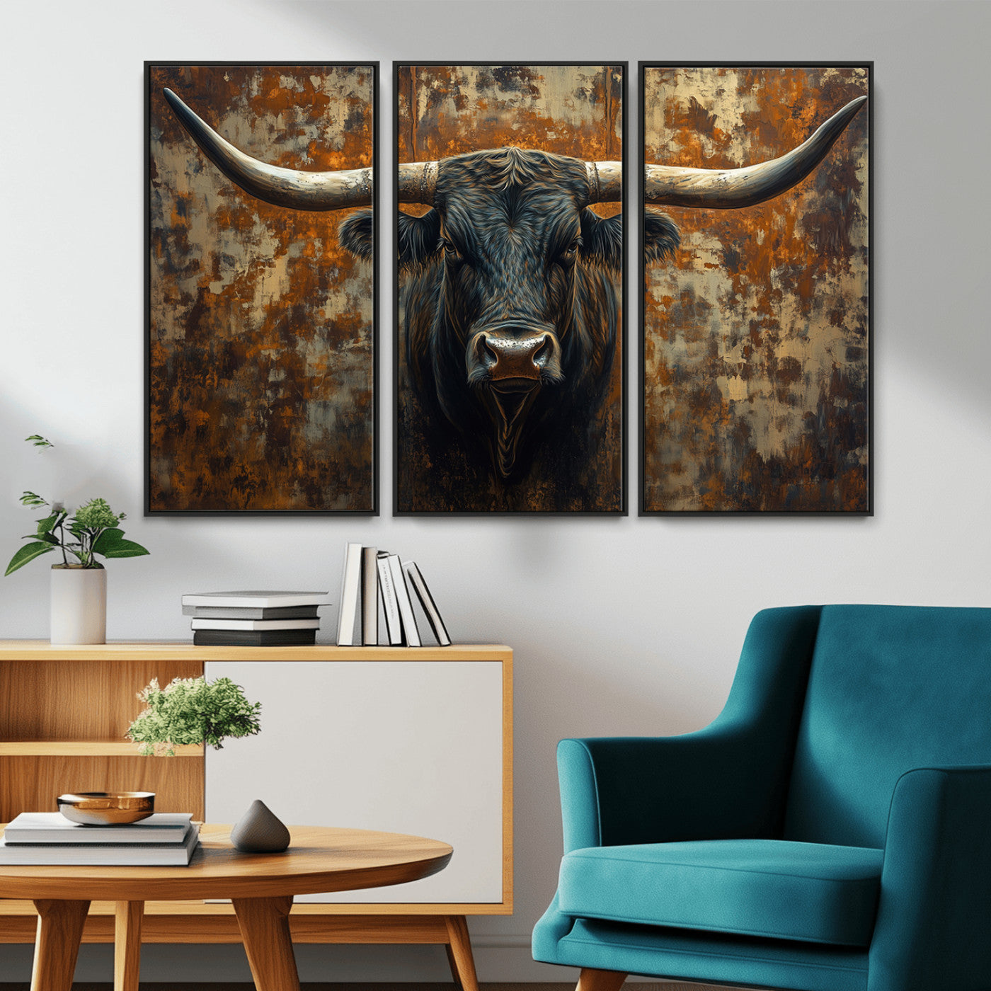 MGV-FC-48X32-3P - Longhorn Texas Cow Bull Wall Art | Rustic Farmhouse Canvas Print | Ready to Hang Barn Decor for