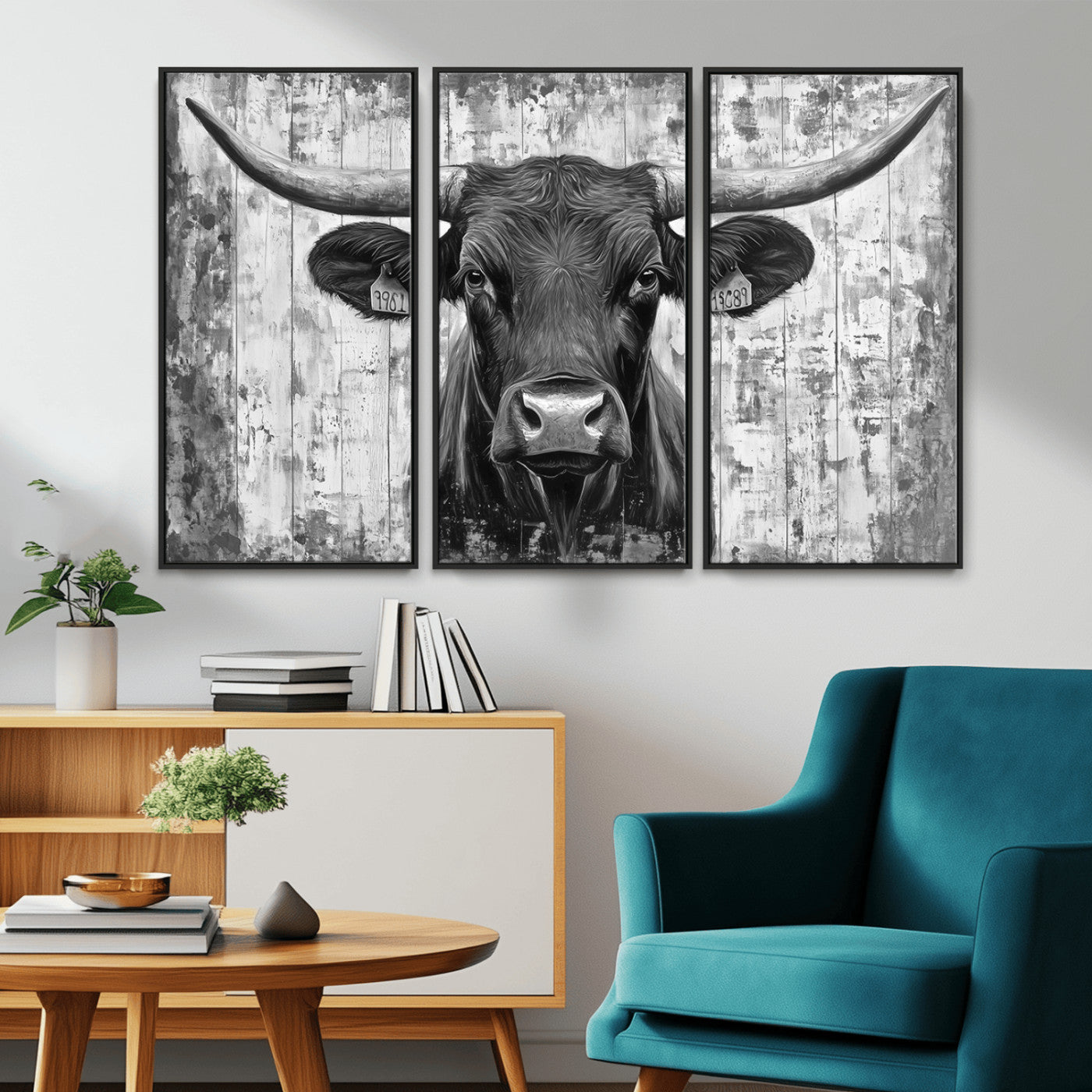 MGV-FC-48X32-3P - Abstract Longhorn Bull Wall Art Canvas Print - Rustic Texas Western Cow Artwork