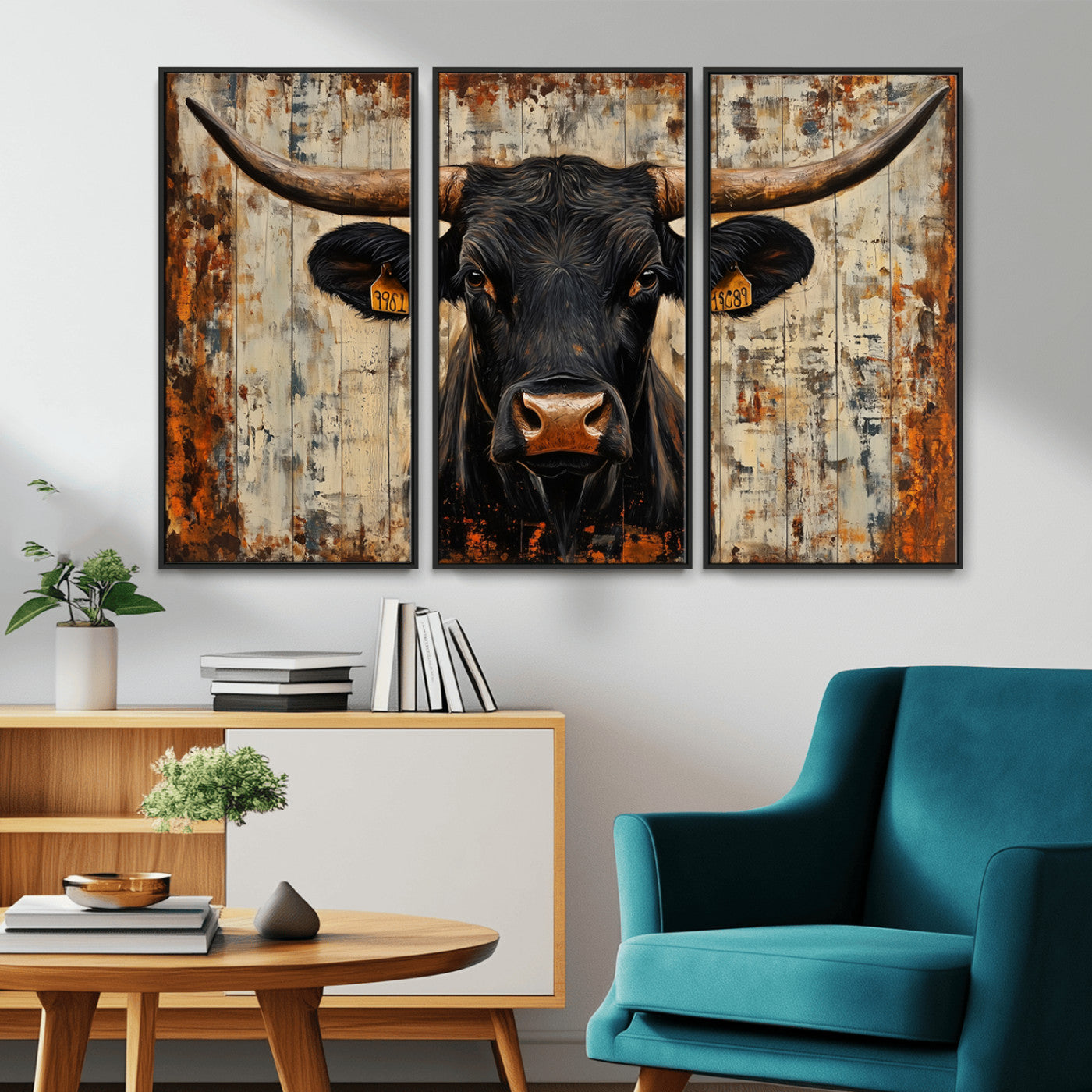 MGV-FC-48X32-3P - Rustic Texas Artwork Wall Art Canvas Print - Abstract Cow Longhorn Bull Wall Art Canvas Print