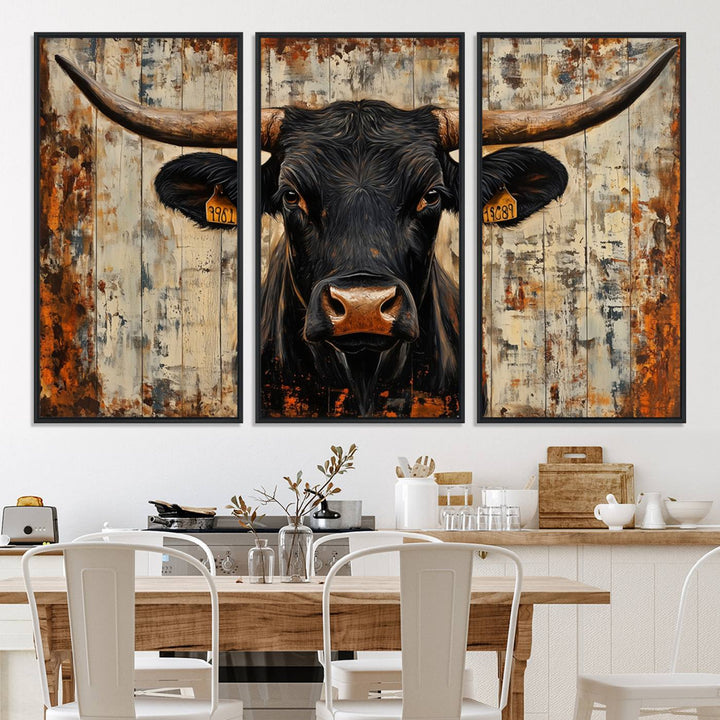 Rustic Texas Artwork Wall Art Canvas Print - Abstract Cow Longhorn Bull Wall Art Canvas Print