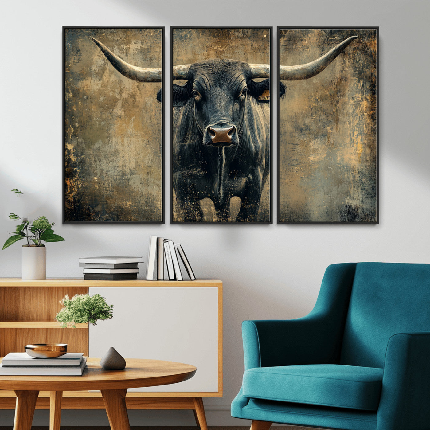 MGV-FC-48X32-3P - Longhorn Bull Wall Art Canvas Print, Framed Rustic Cow Art Picture Print, Texas Longhorn Perfect Western Decor Artwork