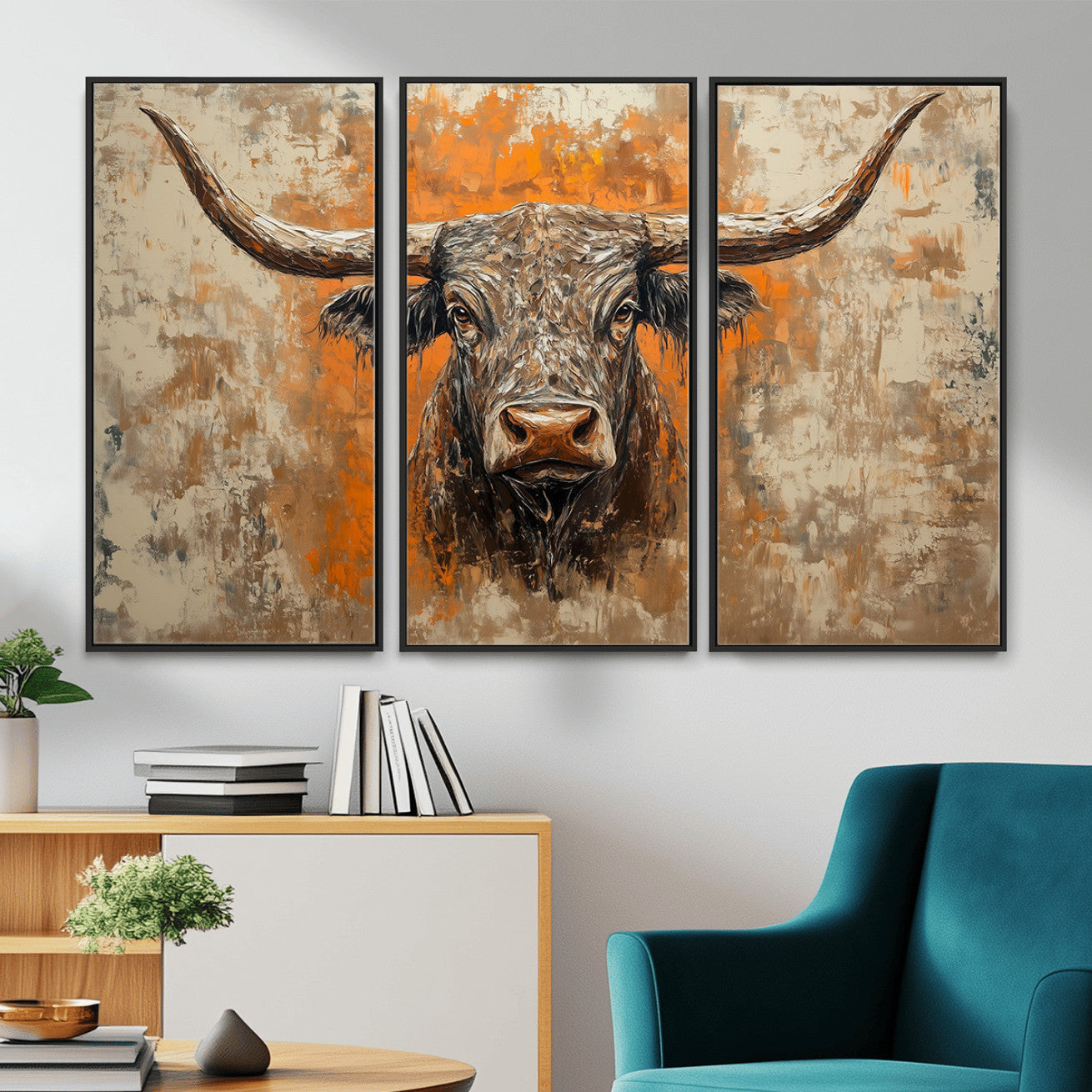 49976-MGV-CV-36X24 - Abstract Cow Longhorn Bull Wall Art Canvas Print - Rustic Texas Western Cattle Artwork