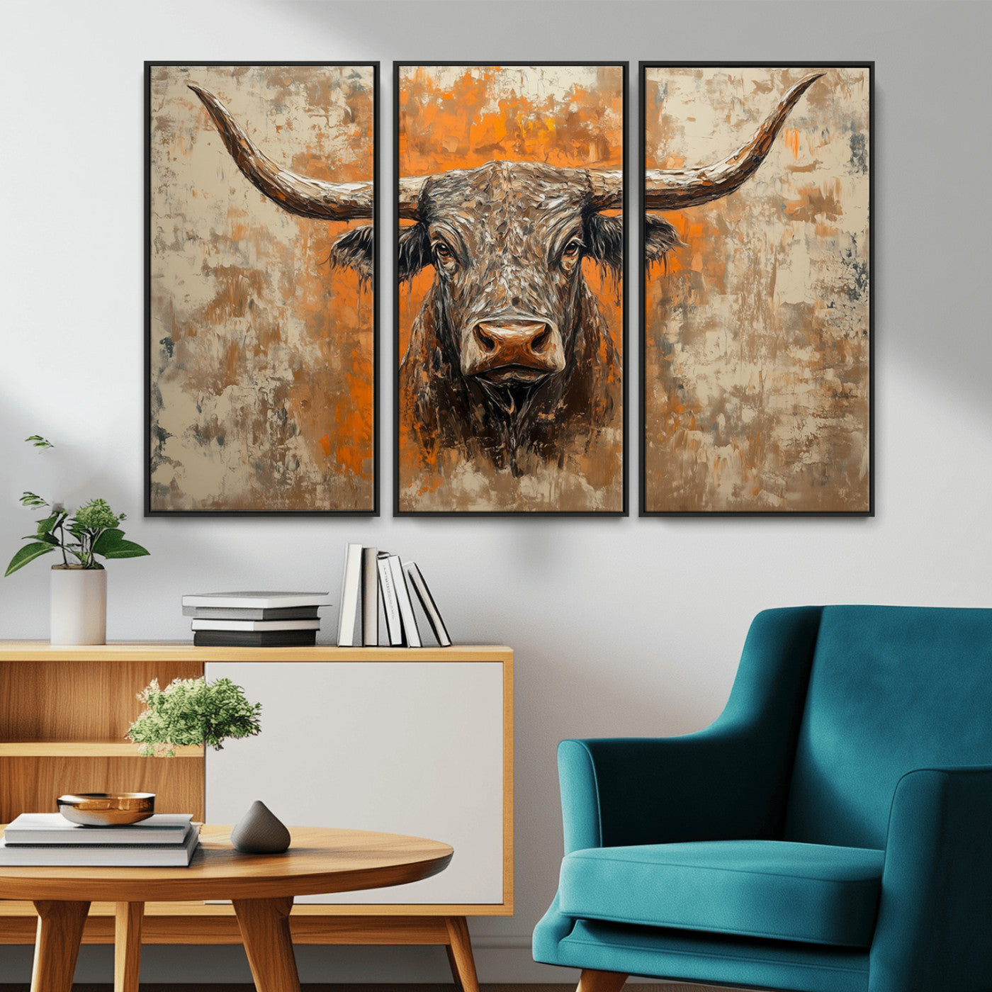 MGV-FC-48X32-3P - Abstract Cow Longhorn Bull Wall Art Canvas Print - Rustic Texas Western Cattle Artwork