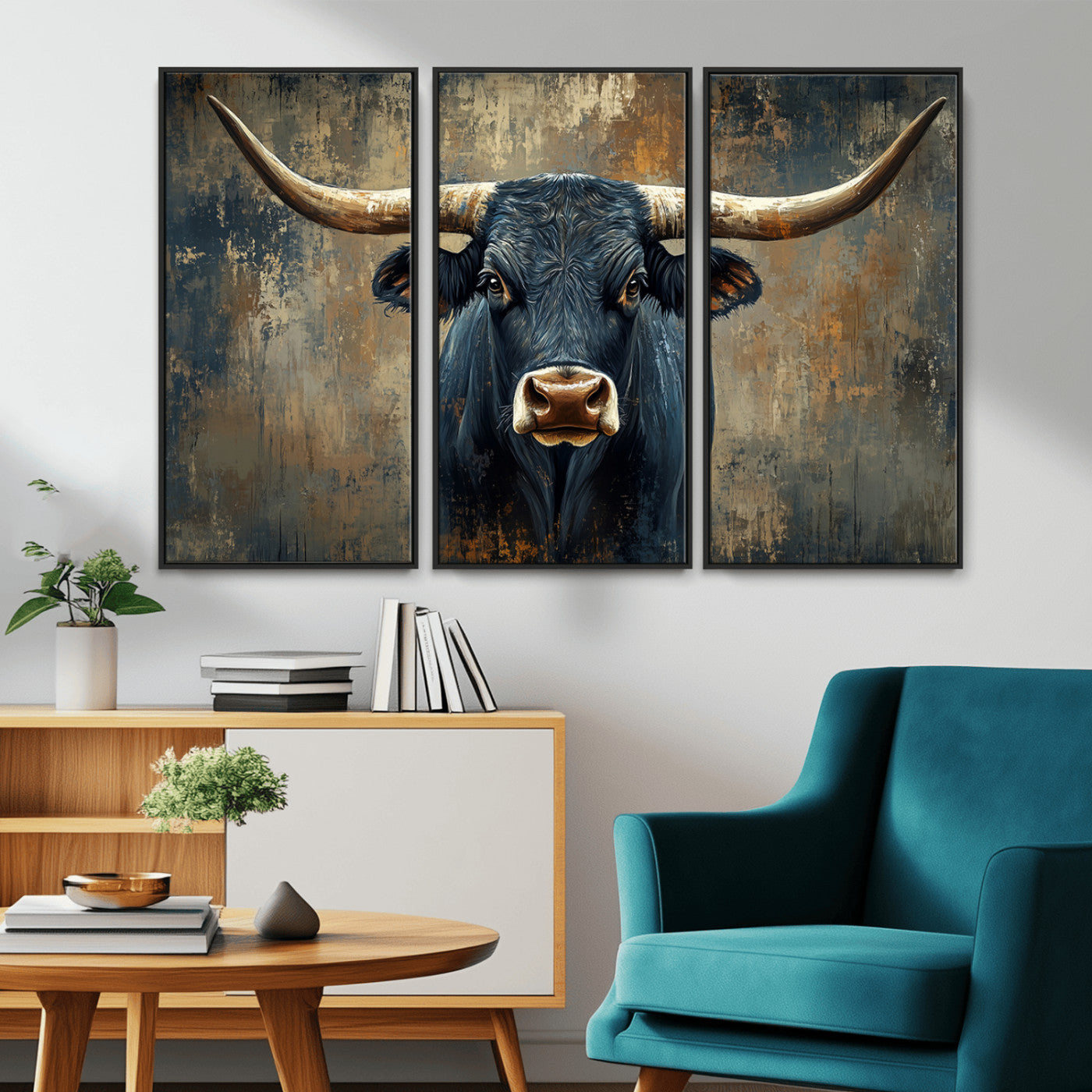 MGV-FC-48X32-3P - Texas Western Wall Art Canvas Print - Abstract Cow Longhorn Bull Wall Art Canvas Print - Rustic Cow