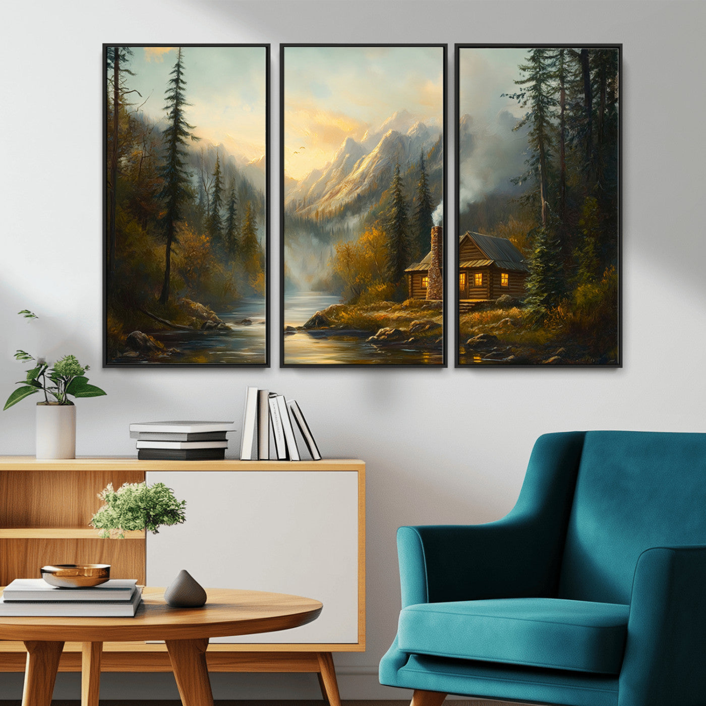 MGV-FC-48X32-3P - Wood Cabin Retreat Mountain at Sunset Wall Art Print - Serene Forest and River Landscape Wall Art