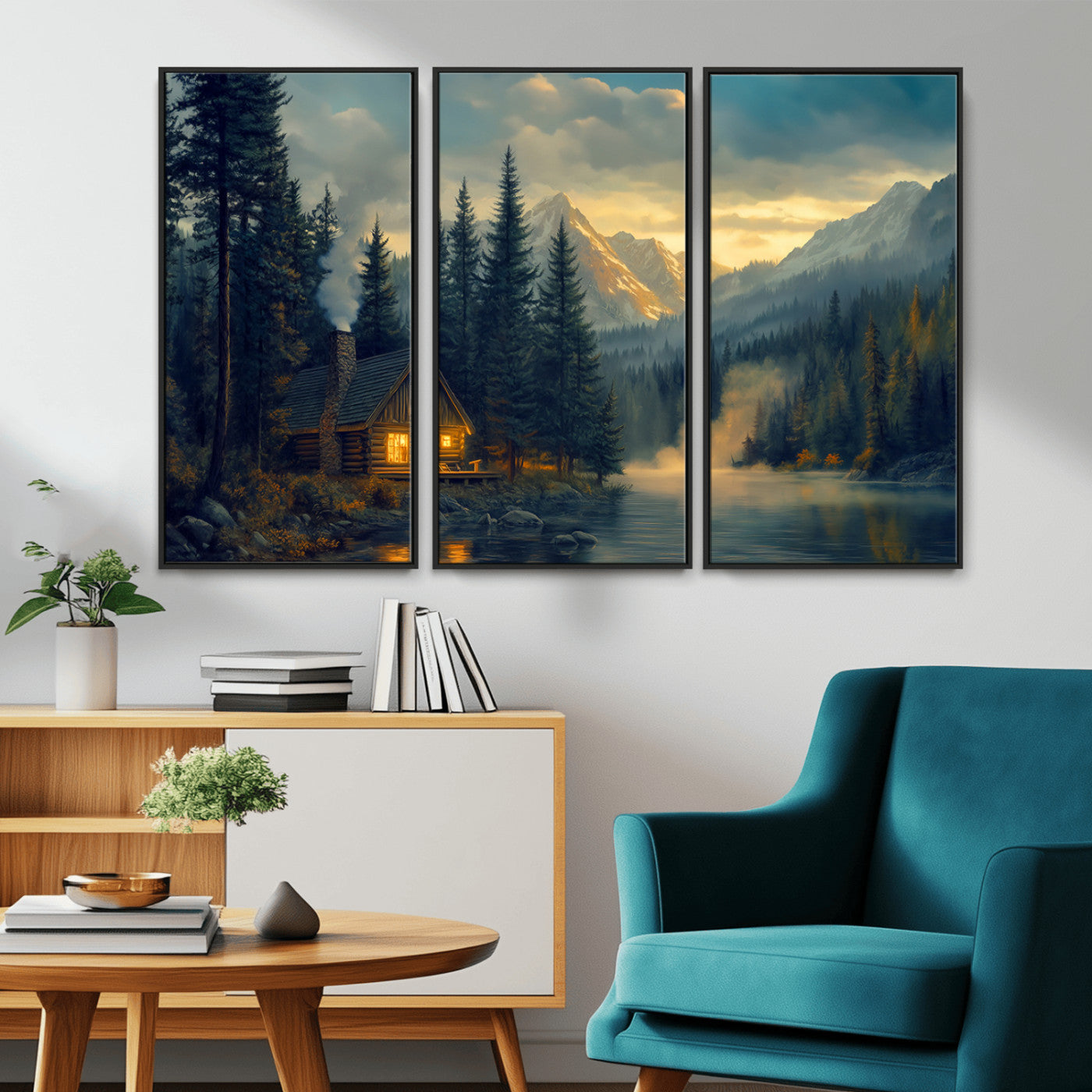 MGV-FC-48X32-3P - Mountain Cabin by the Lake at Sunset Wall Art - Serene Nature Canvas Print for Living Room Decor,