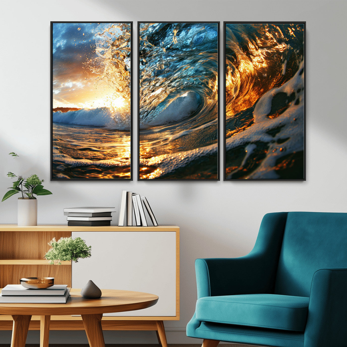 MGV-FC-48X32-3P - Ocean Wave at Sunset Canvas Wall Art – Vibrant Coastal Beach Waves Print, Large Nautical Decor,