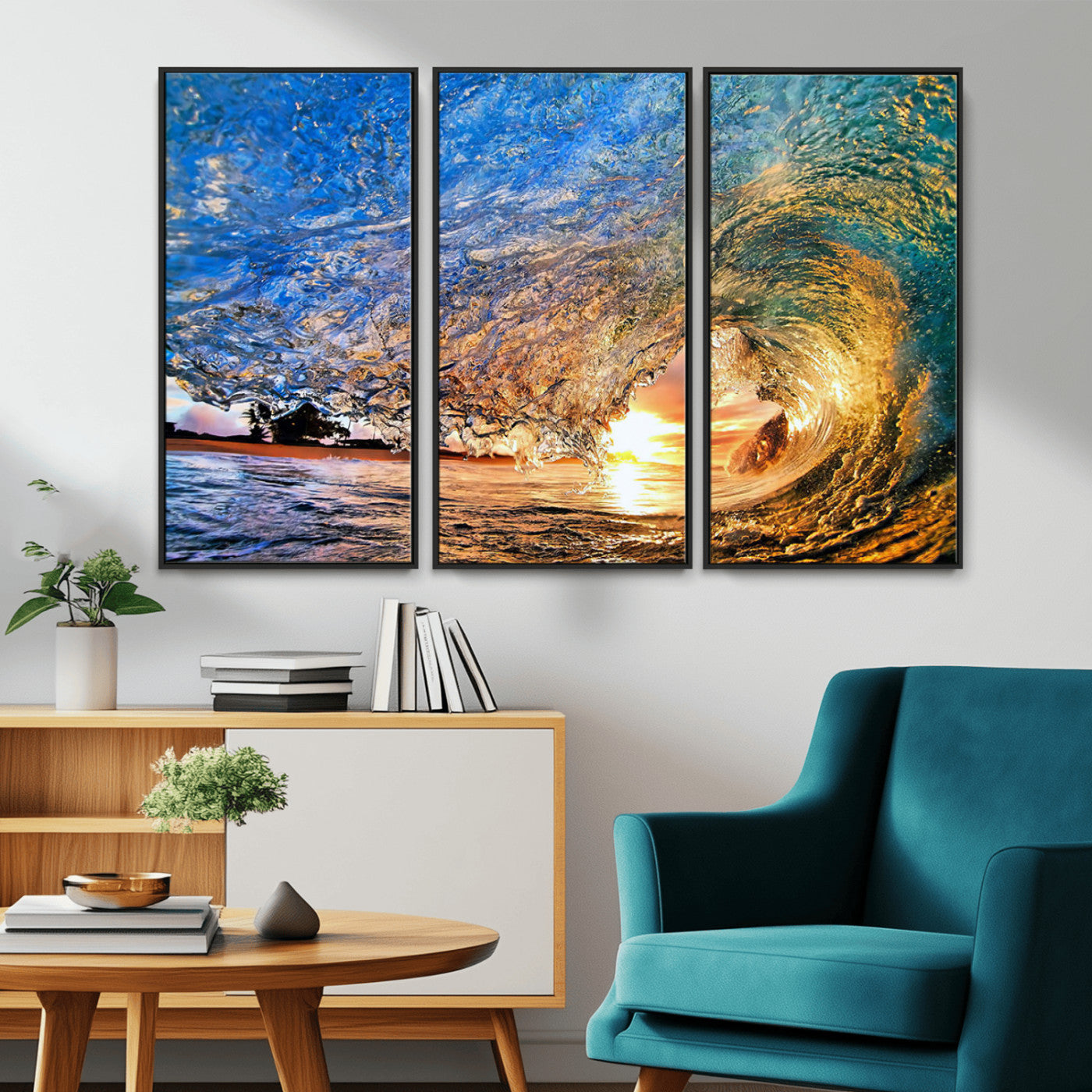 MGV-FC-48X32-3P - Ocean Wave at Sunset Canvas Wall Art – Vibrant Coastal Beach Waves Print, Large Nautical Decor,