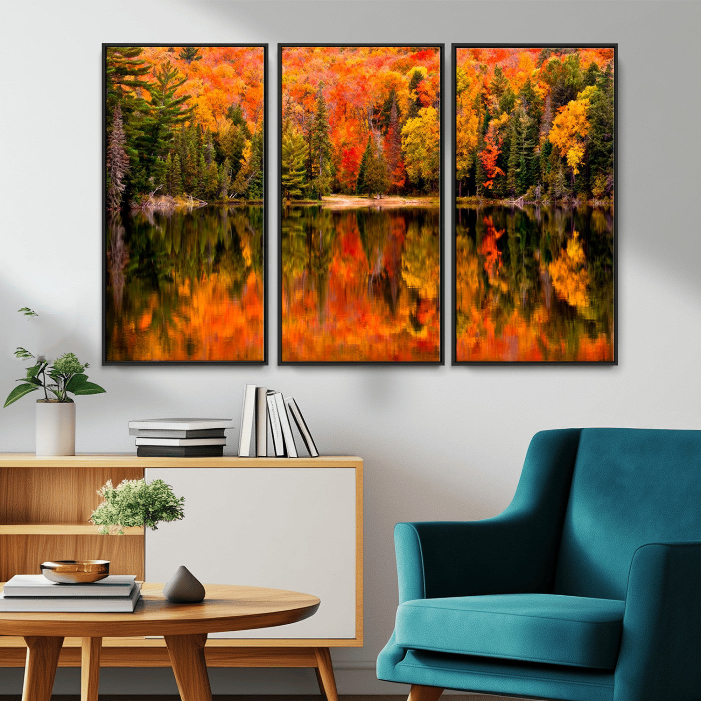 MGV-FC-48X32-3P - Forest Reflection Art | Autumn Forest Reflection Wall Art | Triptych Canvas Print | Vibrant Fall