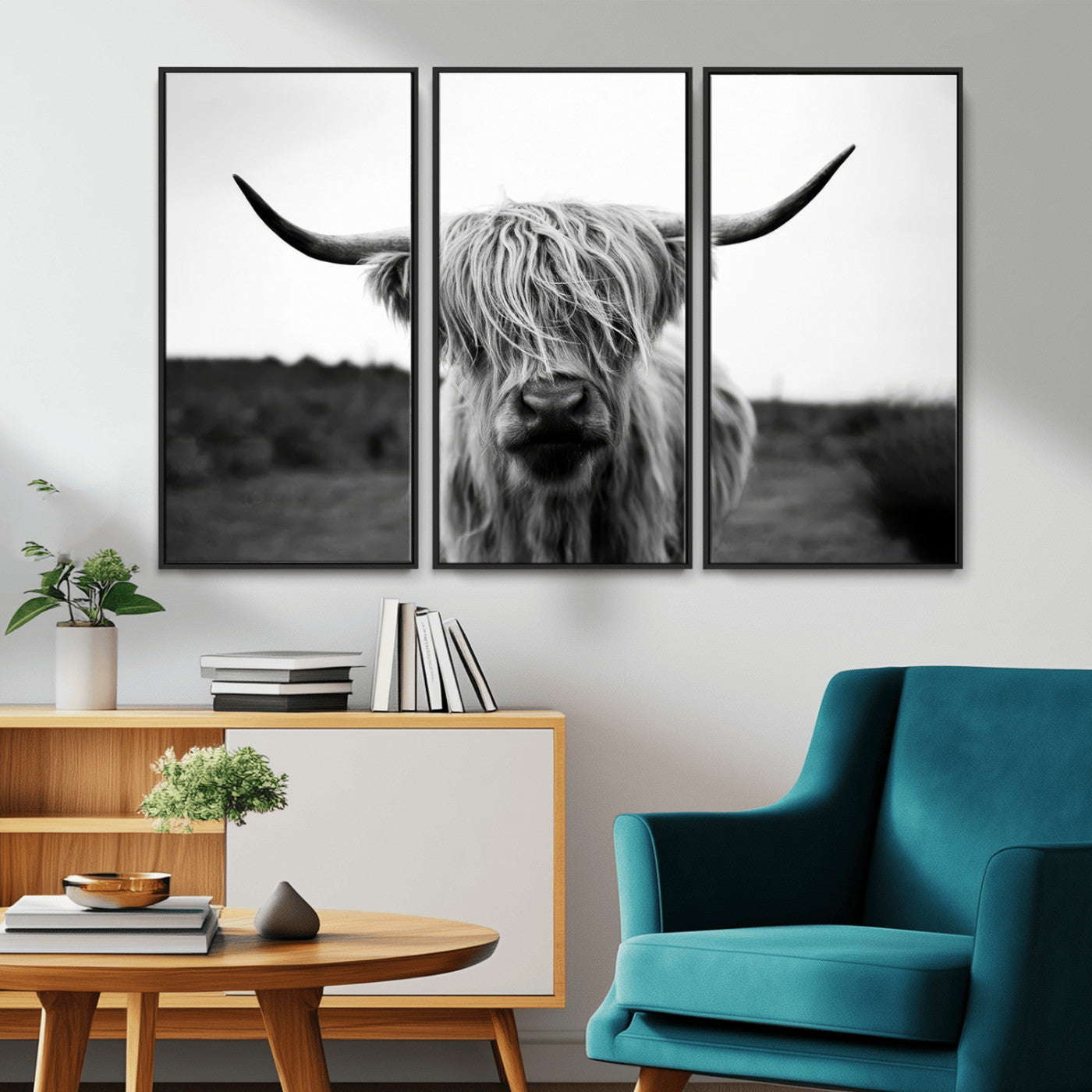 MGV-FC-48X32-3P - Highland Cow Wall Art | Black and White Farmhouse Decor | Triptych Canvas Print | Rustic Barn Decor