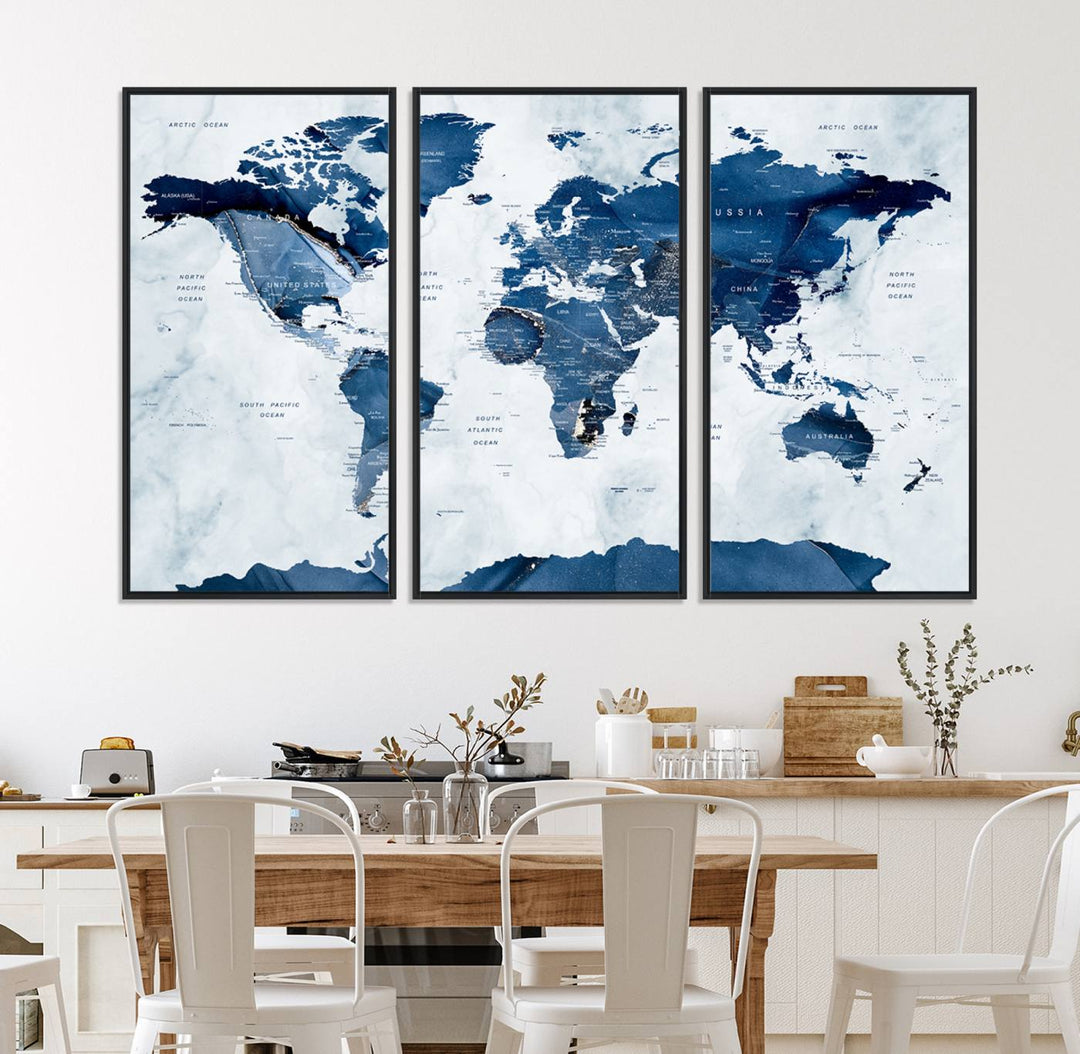 Navy Blue World Map with Antarctica Canvas: A perfect abstract home decor piece featuring a grunge-stained background.