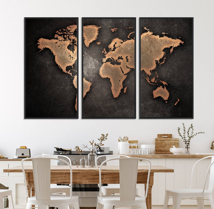 Maroon World Map Wall Art: Copper continents on a grunge-stained canvas, ideal for enhancing your decor.