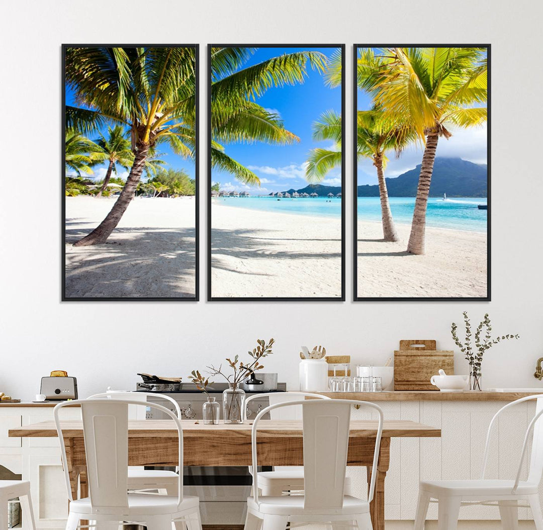 Blue Beach and Sea Wall Art Canvas Print: showcases a tropical scene with palm trees, white sand, and turquoise water.