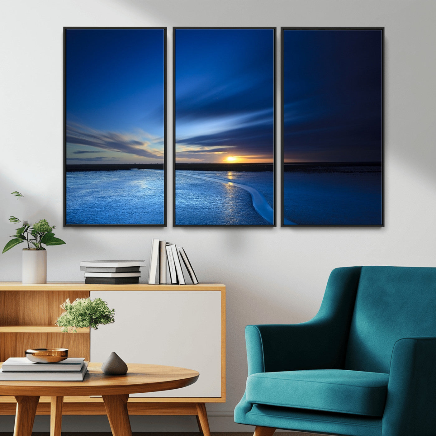 MGV-FC-48X32-3P - Blue Sunset Ocean Canvas Wall Art Print – Serene Coastal Horizon Wall Decor for Home or Office –