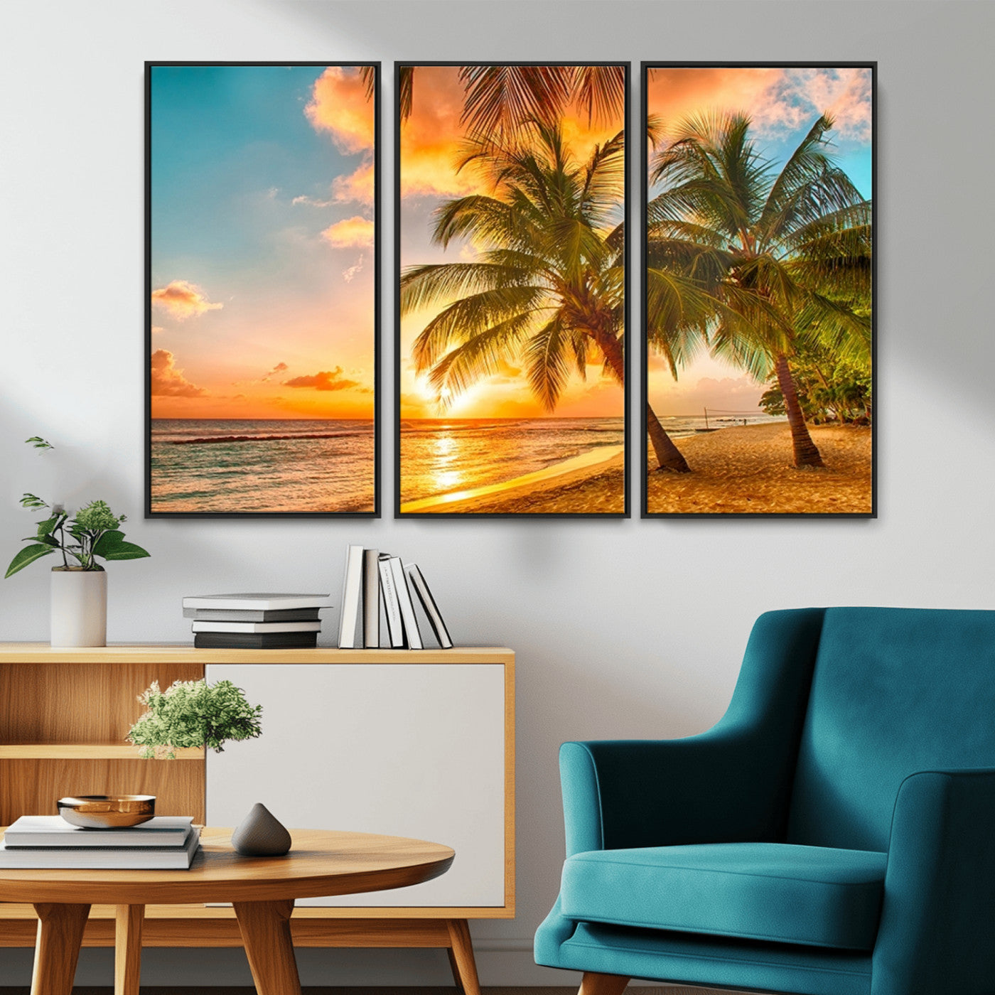 MGV-FC-48X32-3P - Tropical Sunset Beach Canvas Wall Art Print – Vibrant Palm Trees and Coastal Sunset Wall Decor for