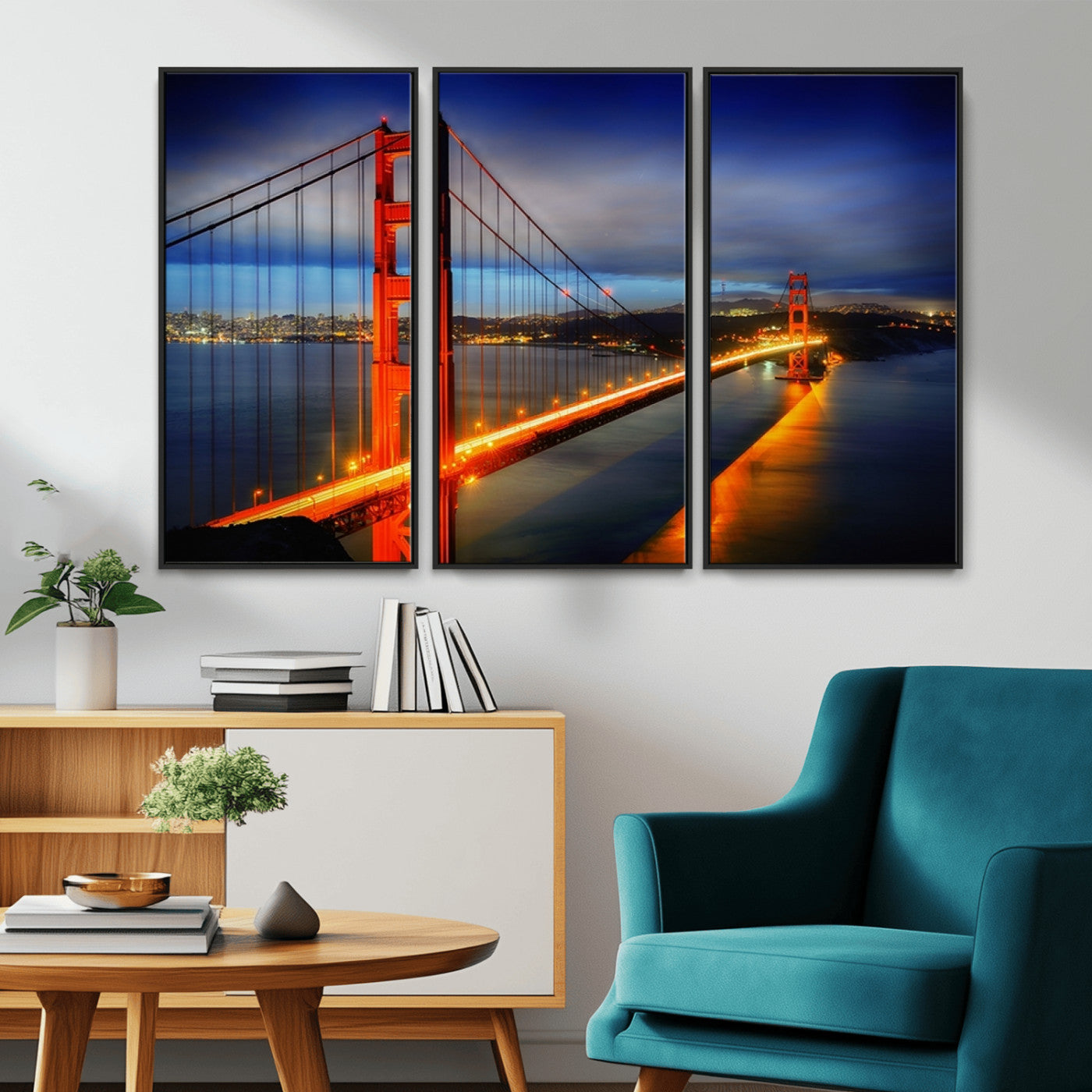 MGV-FC-48X32-3P - Large Wall Art San Francisco Canvas Print - Wonderful Golden Gate Bridge at Twilight
